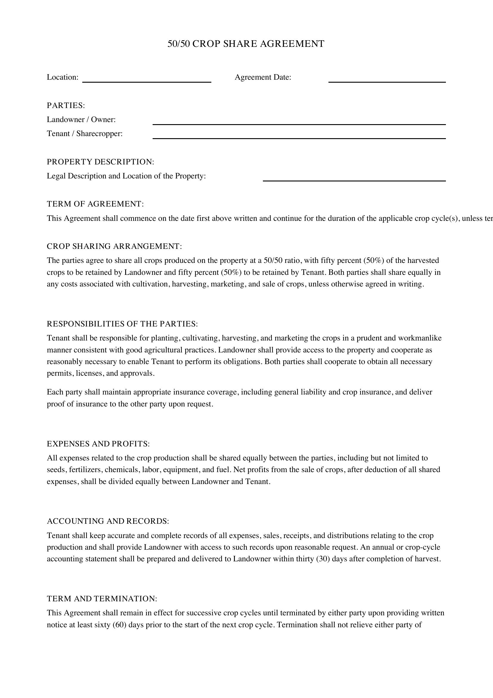 50/50 Crop Share Agreement Template - US