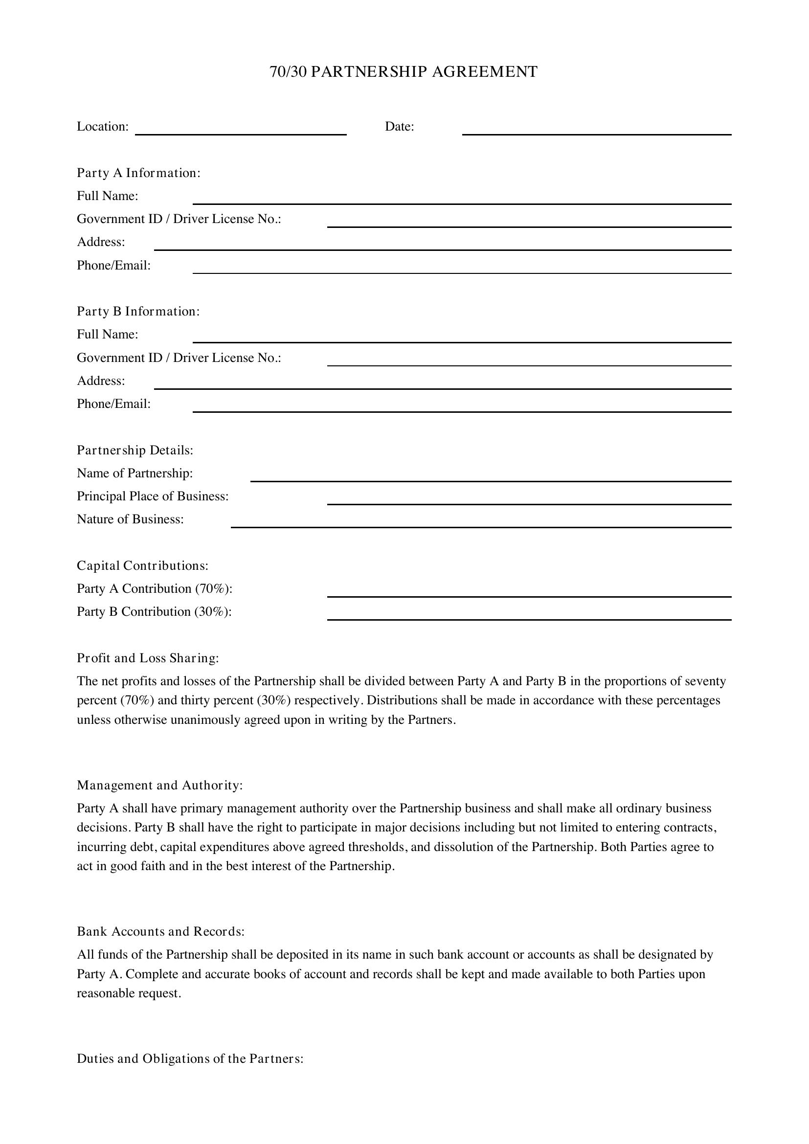 70/30 Partnership Agreement Template - US