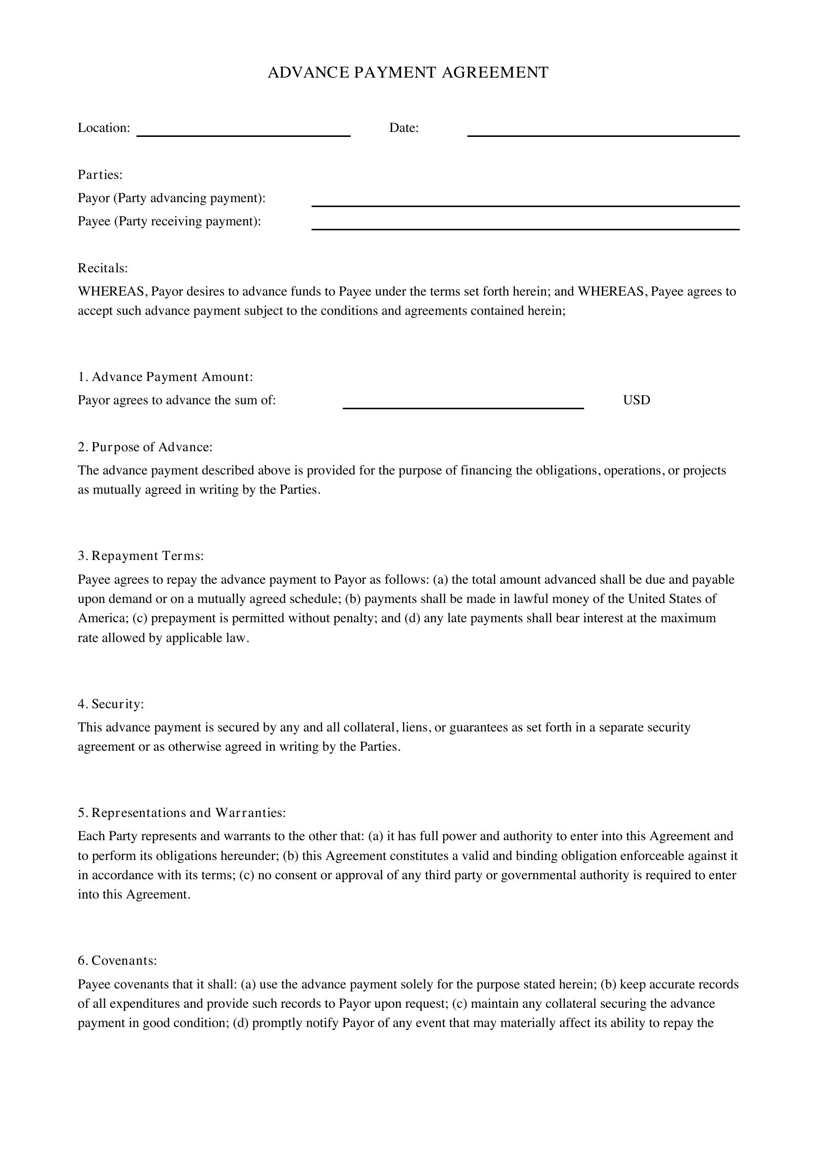 Advance Payment Agreement Template - US