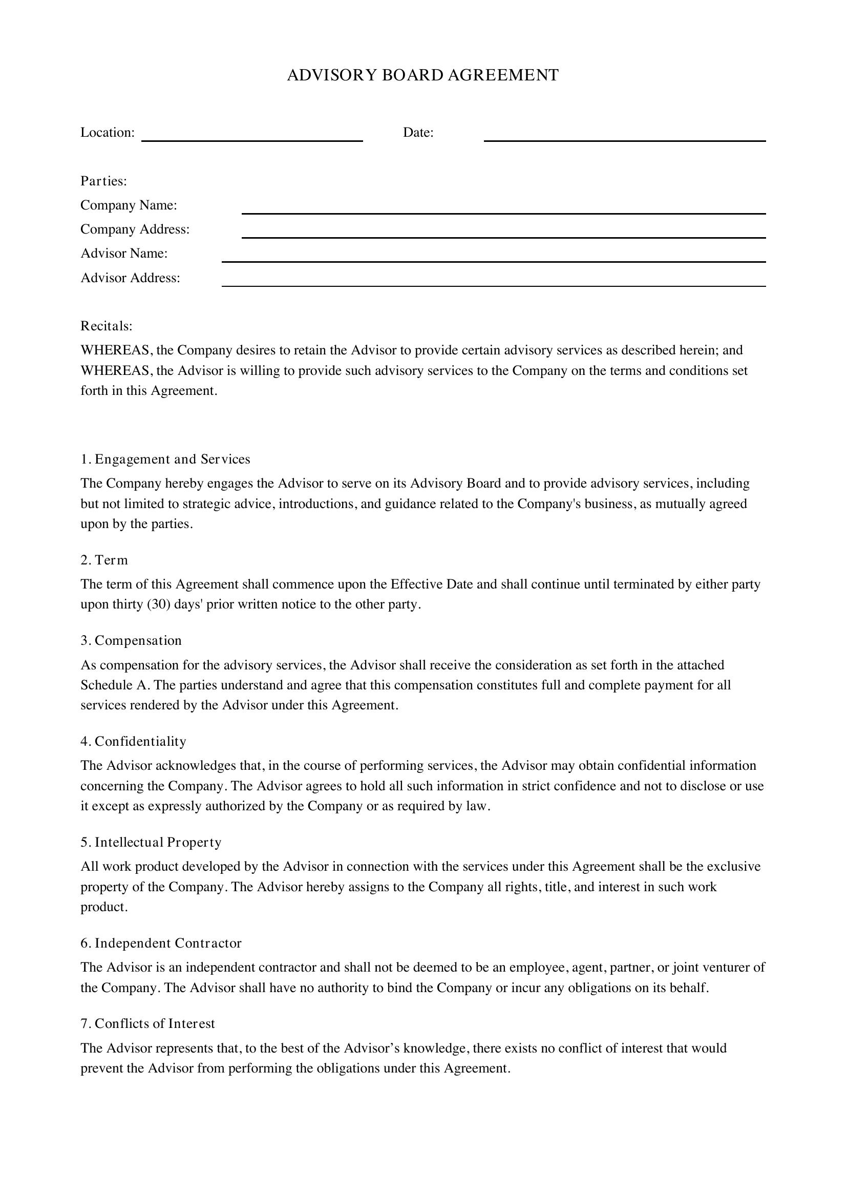 Advisory Board Agreement Template - US