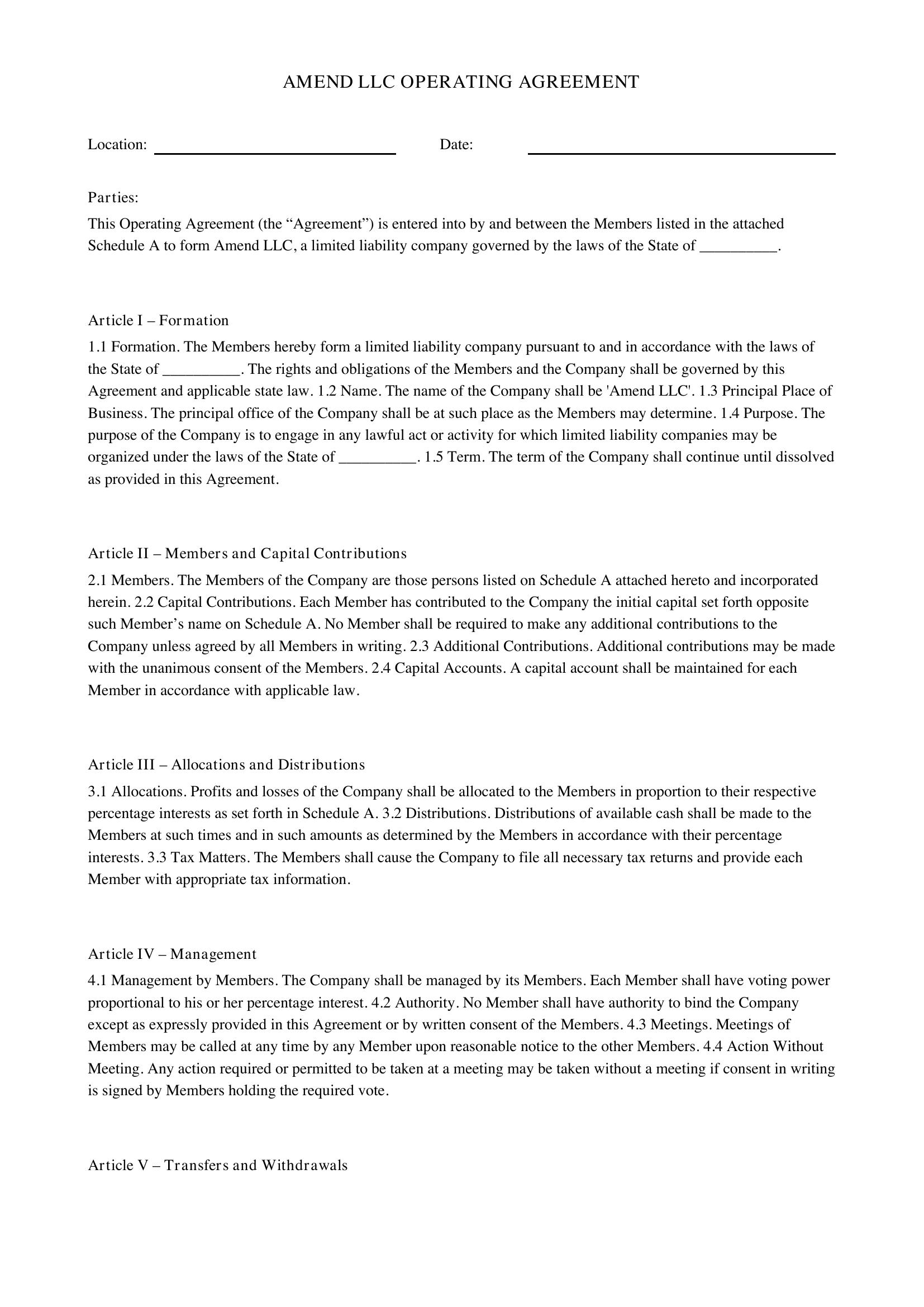 Amend Llc Operating Agreement Template - US