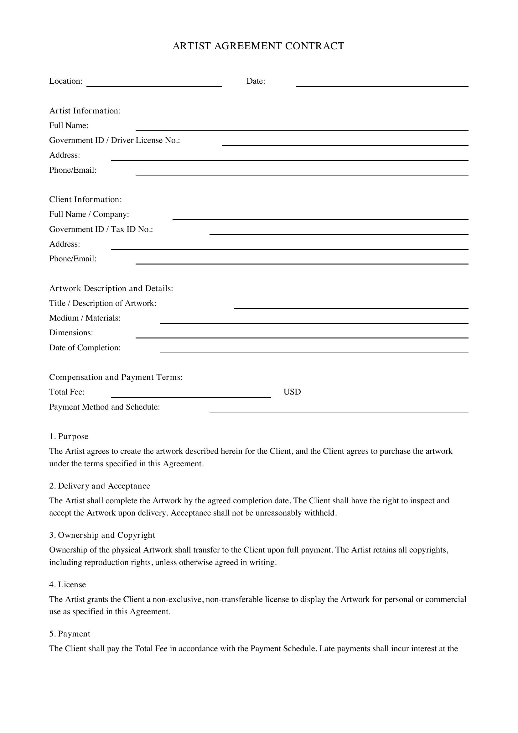 Artist Agreement Contract Template - US