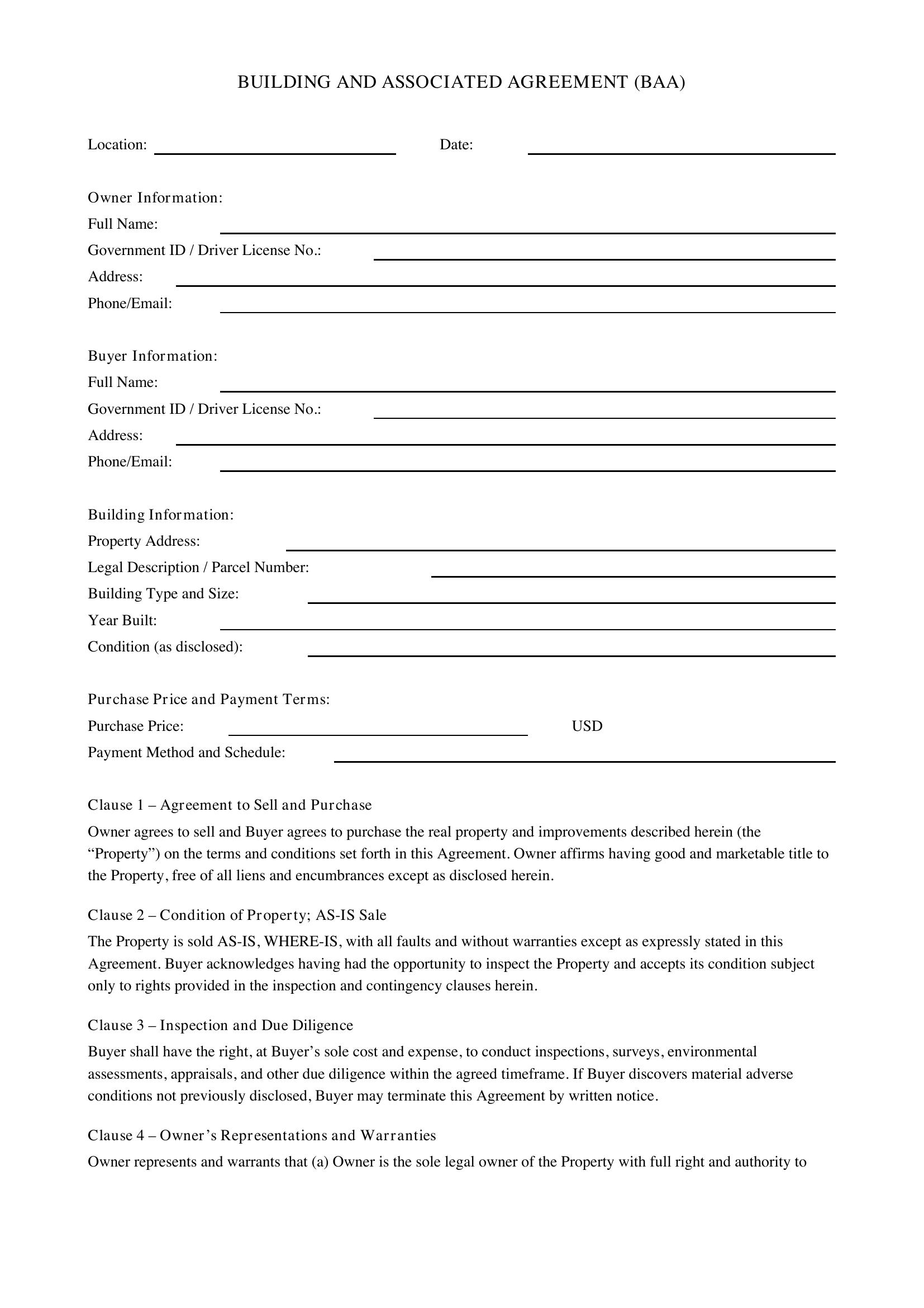 Baa Agreement Template - US