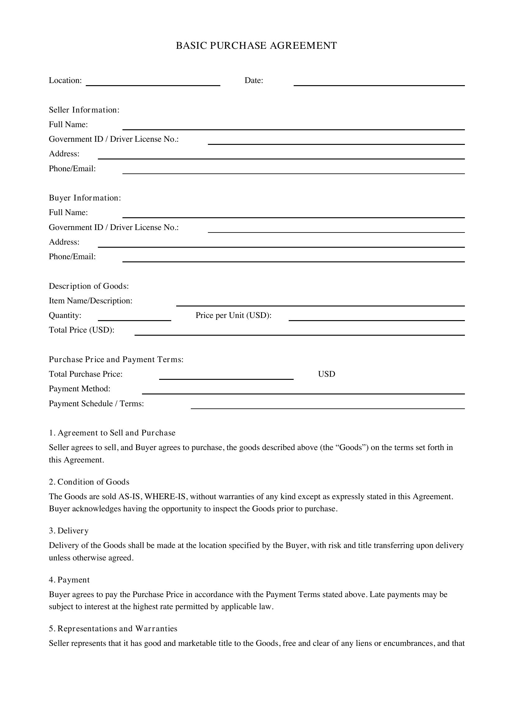 Basic Purchase Agreement Template - US