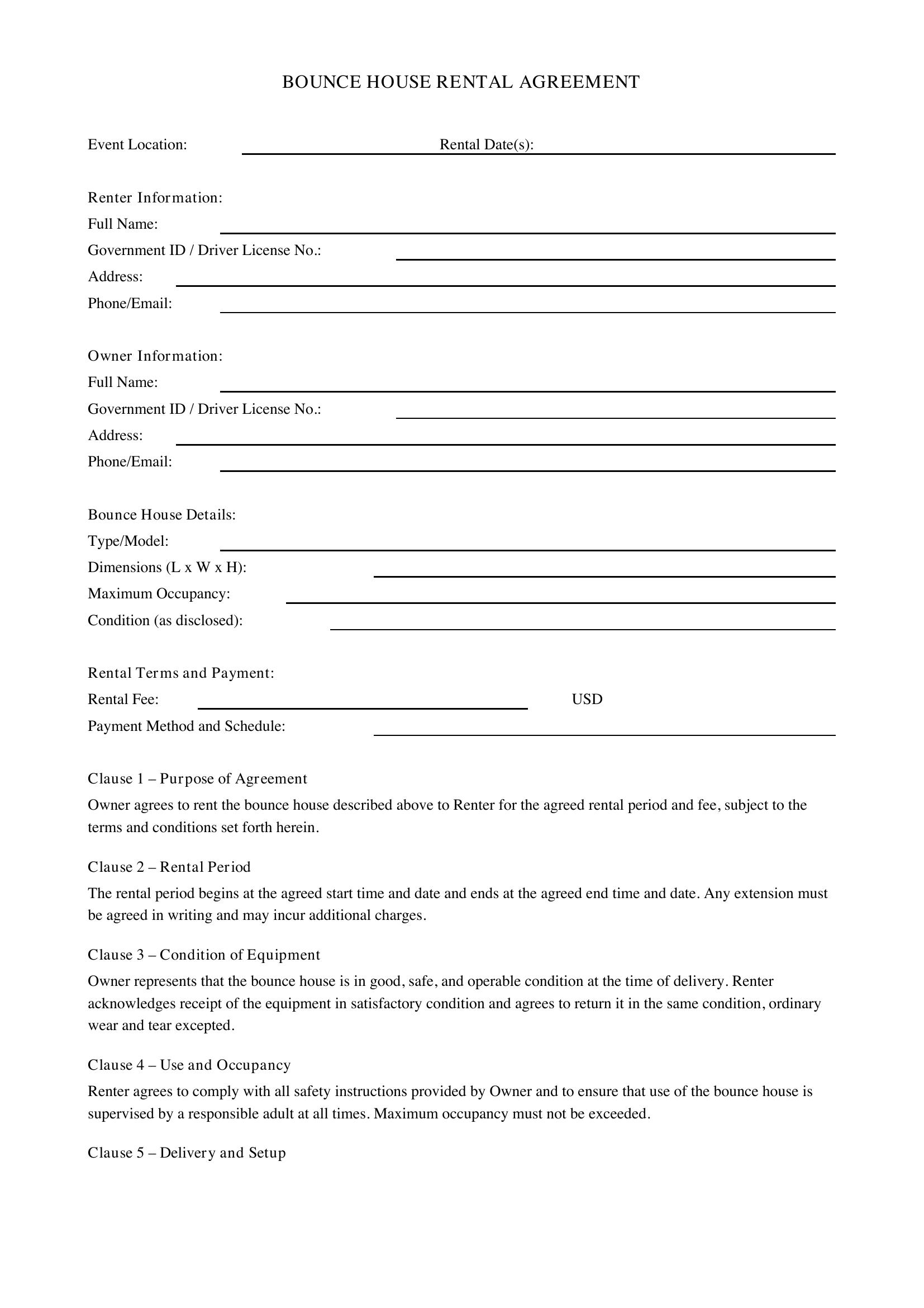 Bounce House Rental Agreement Template - US