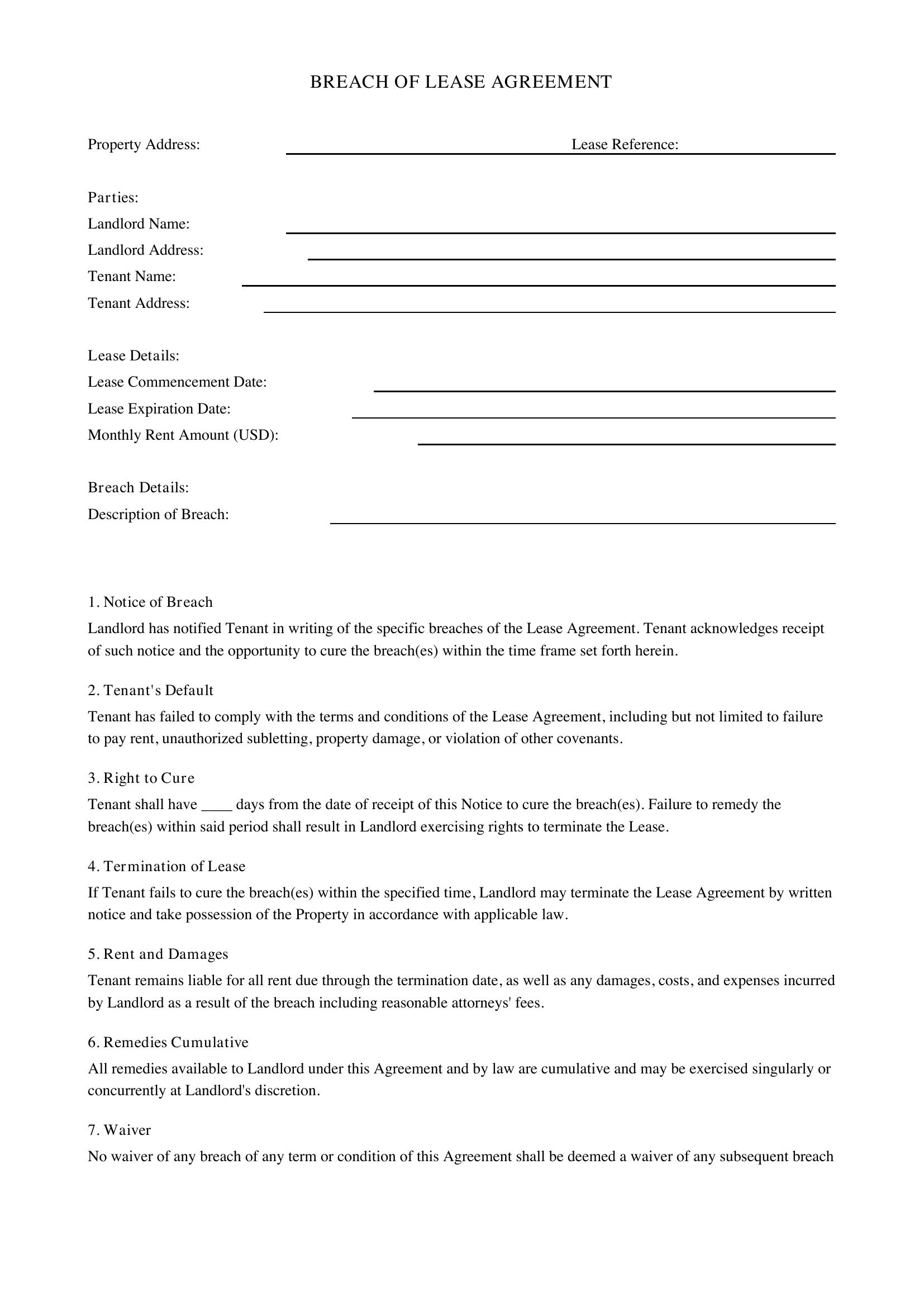 Breach Of Lease Agreement Template - US