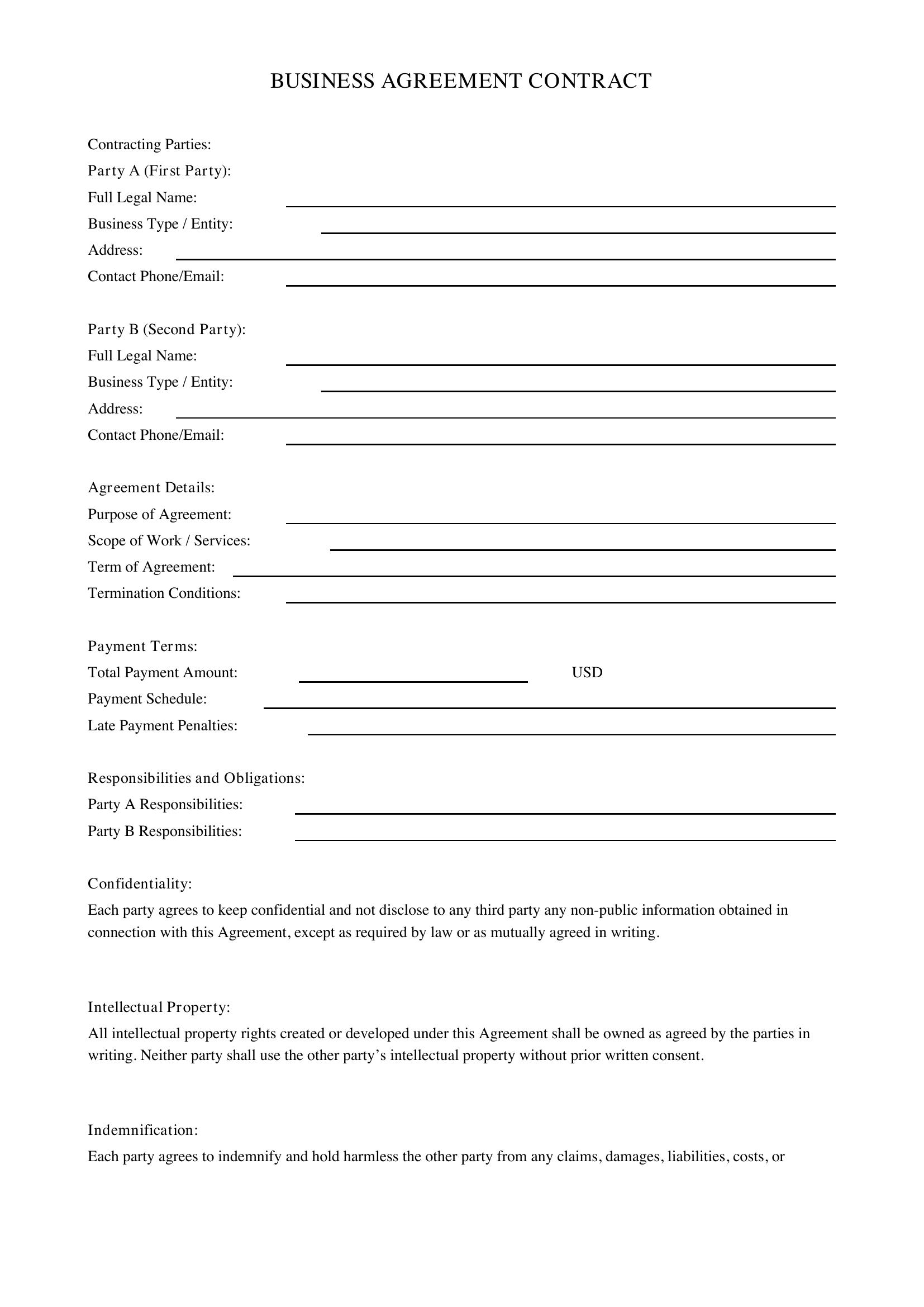 Business Agreement Contract Template - US