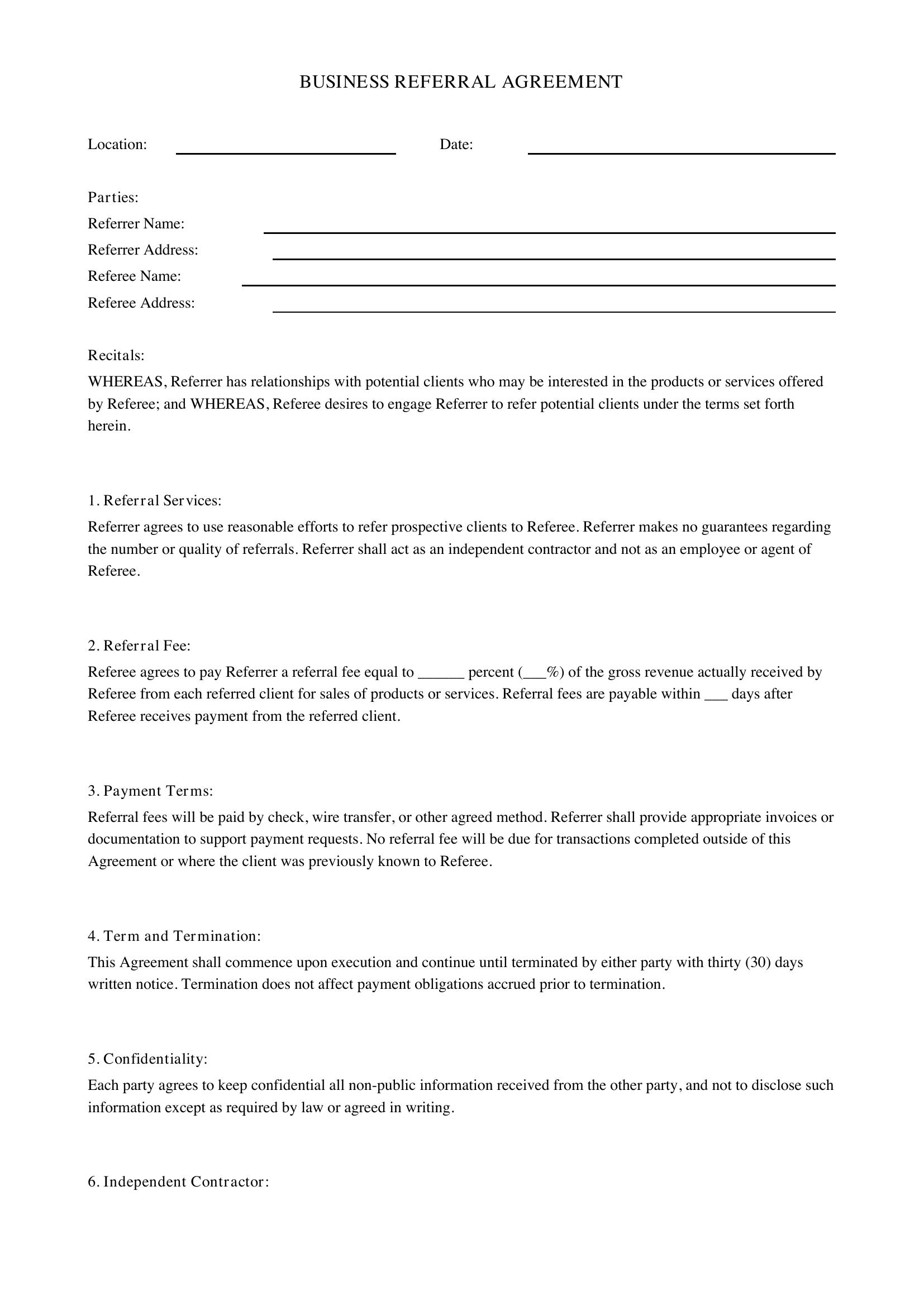 Business Referral Agreement Template - US