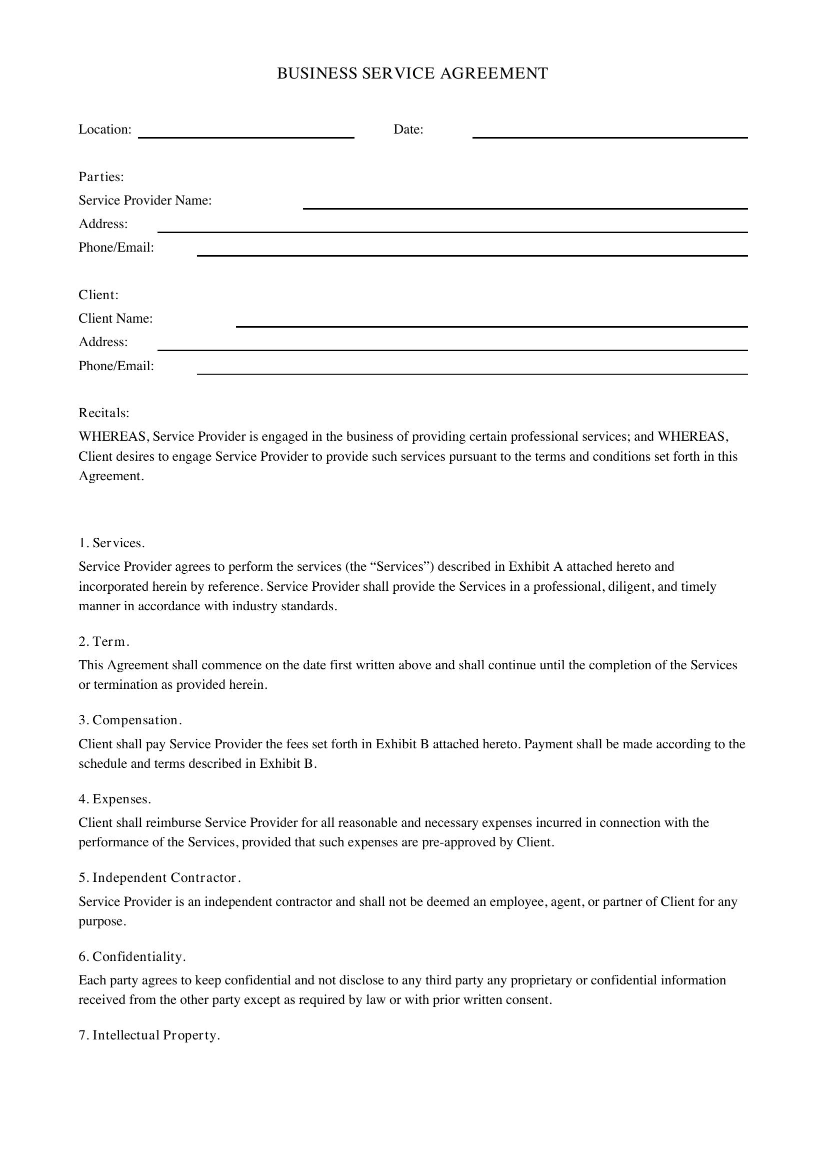 Business Service Agreement Template - US