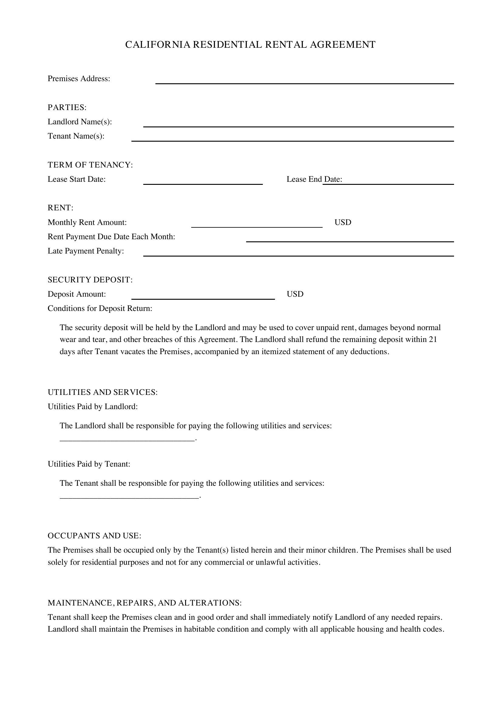 California Rental Agreement Template - US