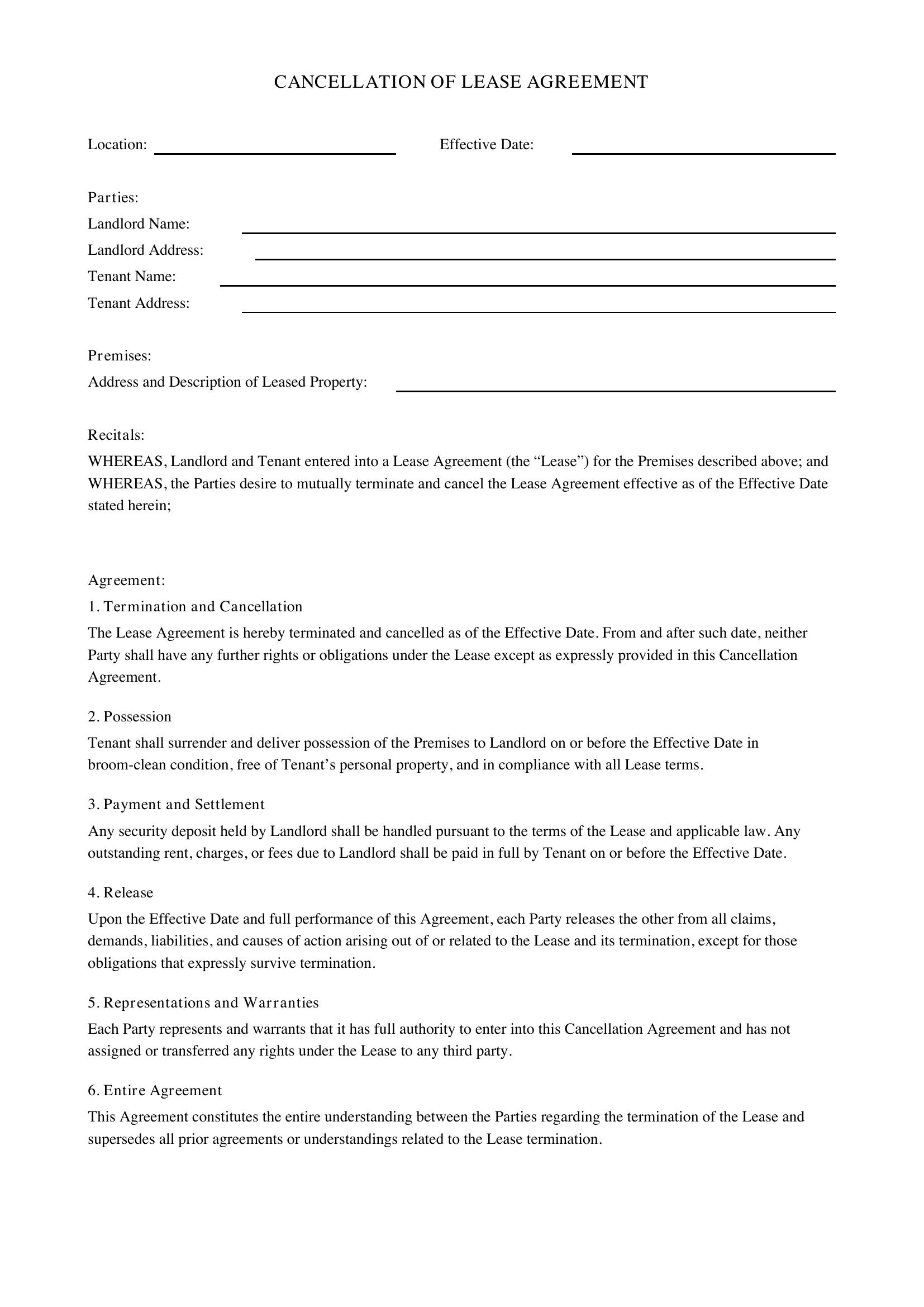 Cancellation Of Lease Agreement Template - US
