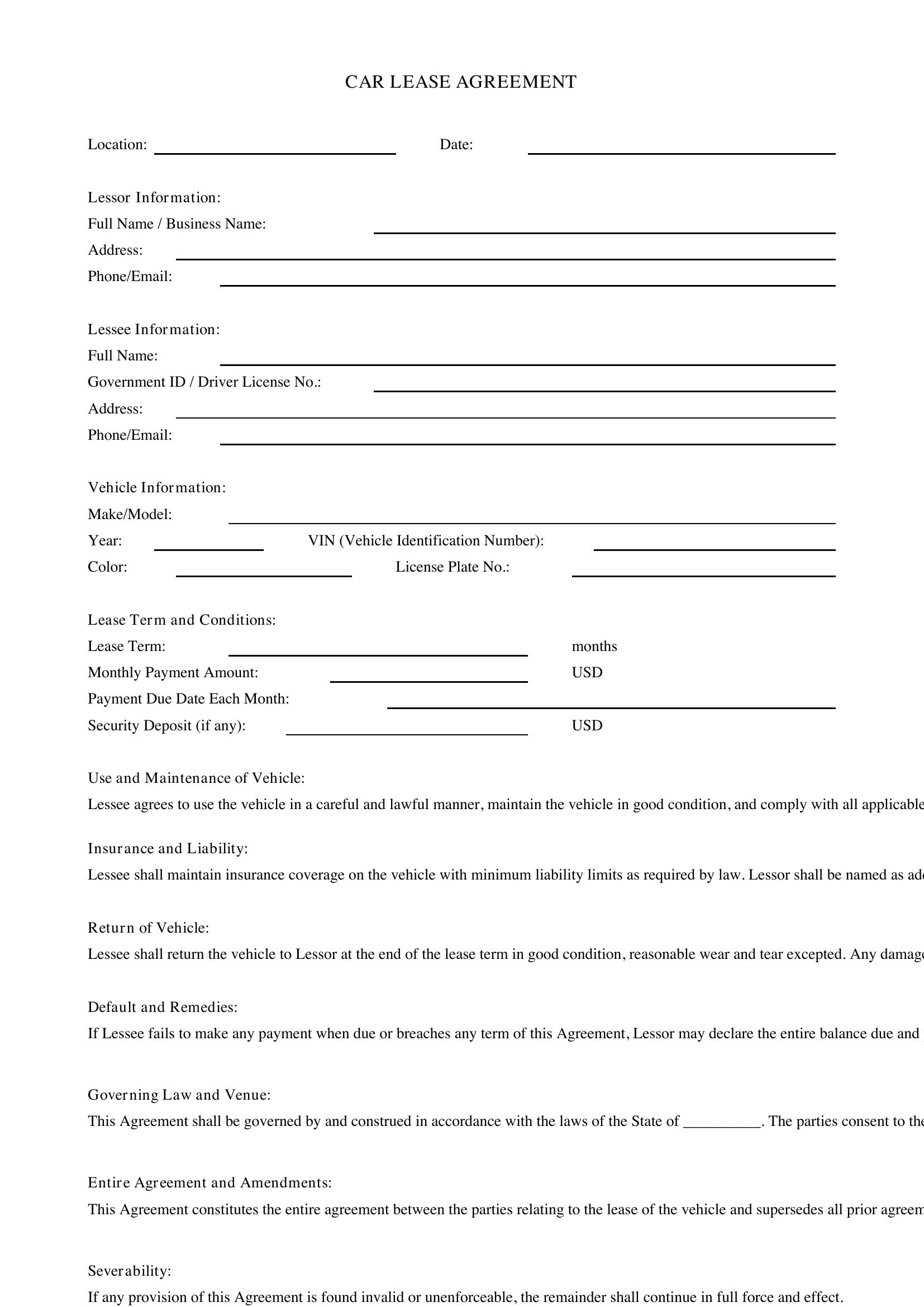 Car Lease Agreement Template - US