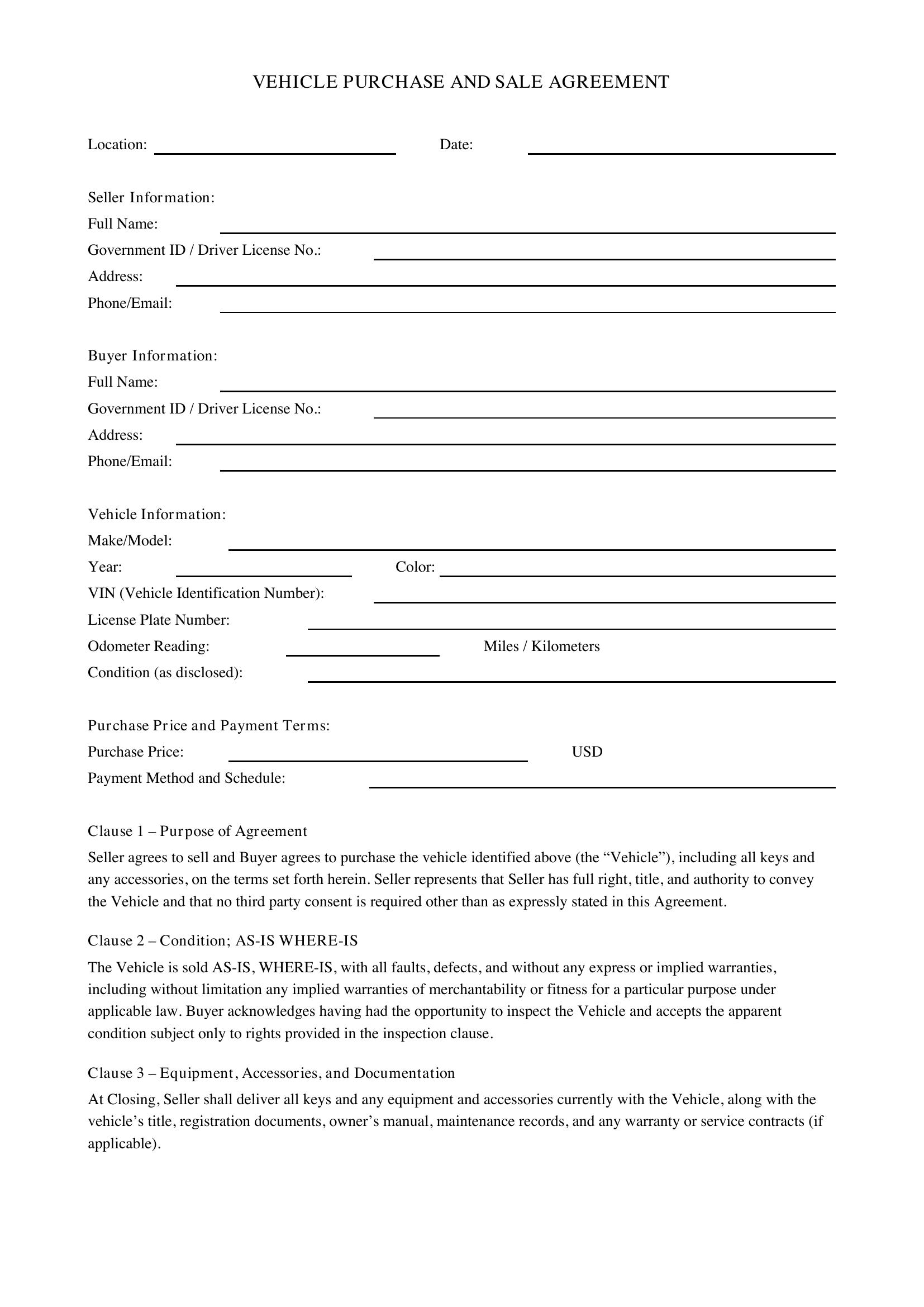 Car Sale Agreement Template - US