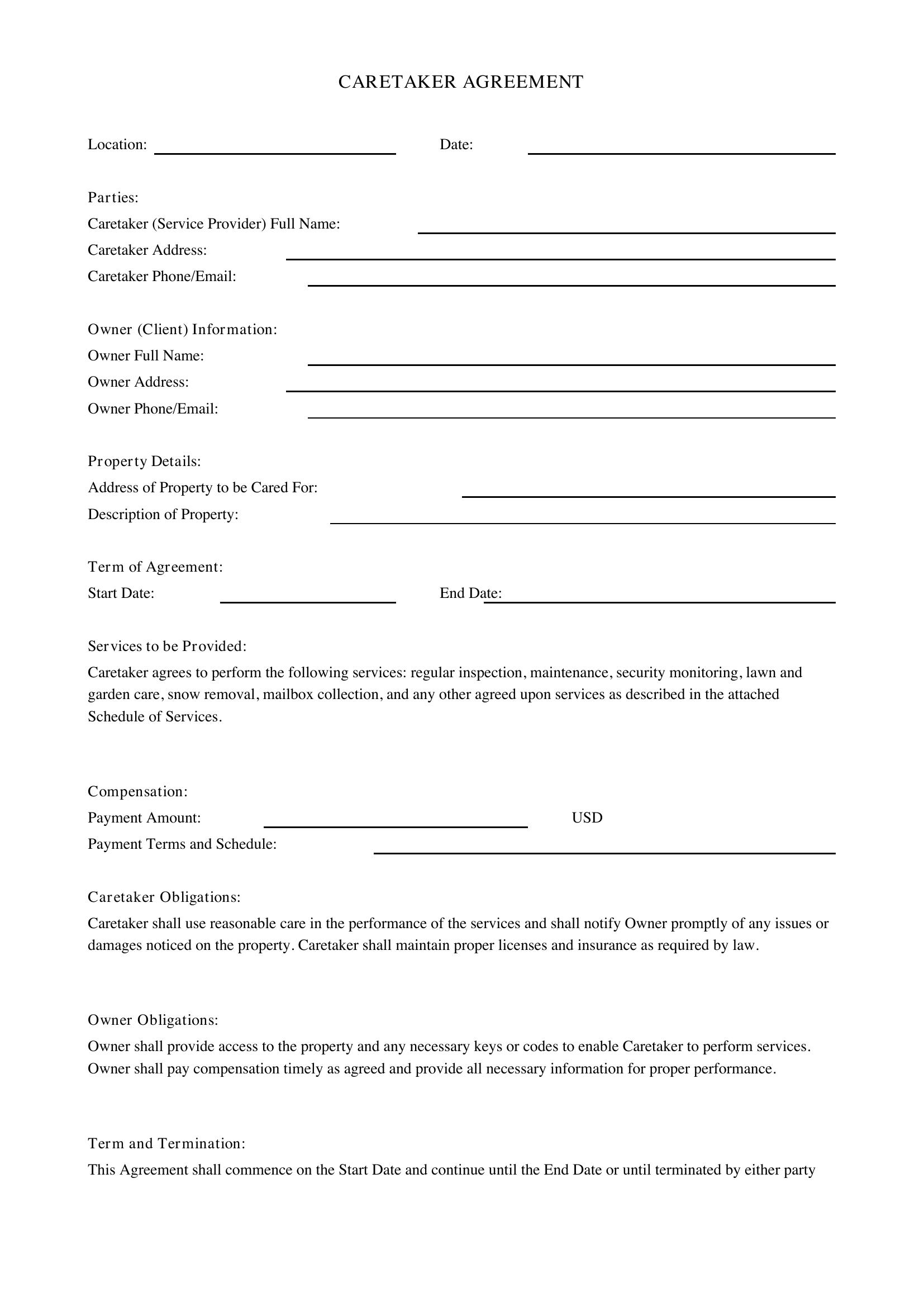 Caretaker Agreement Template - US