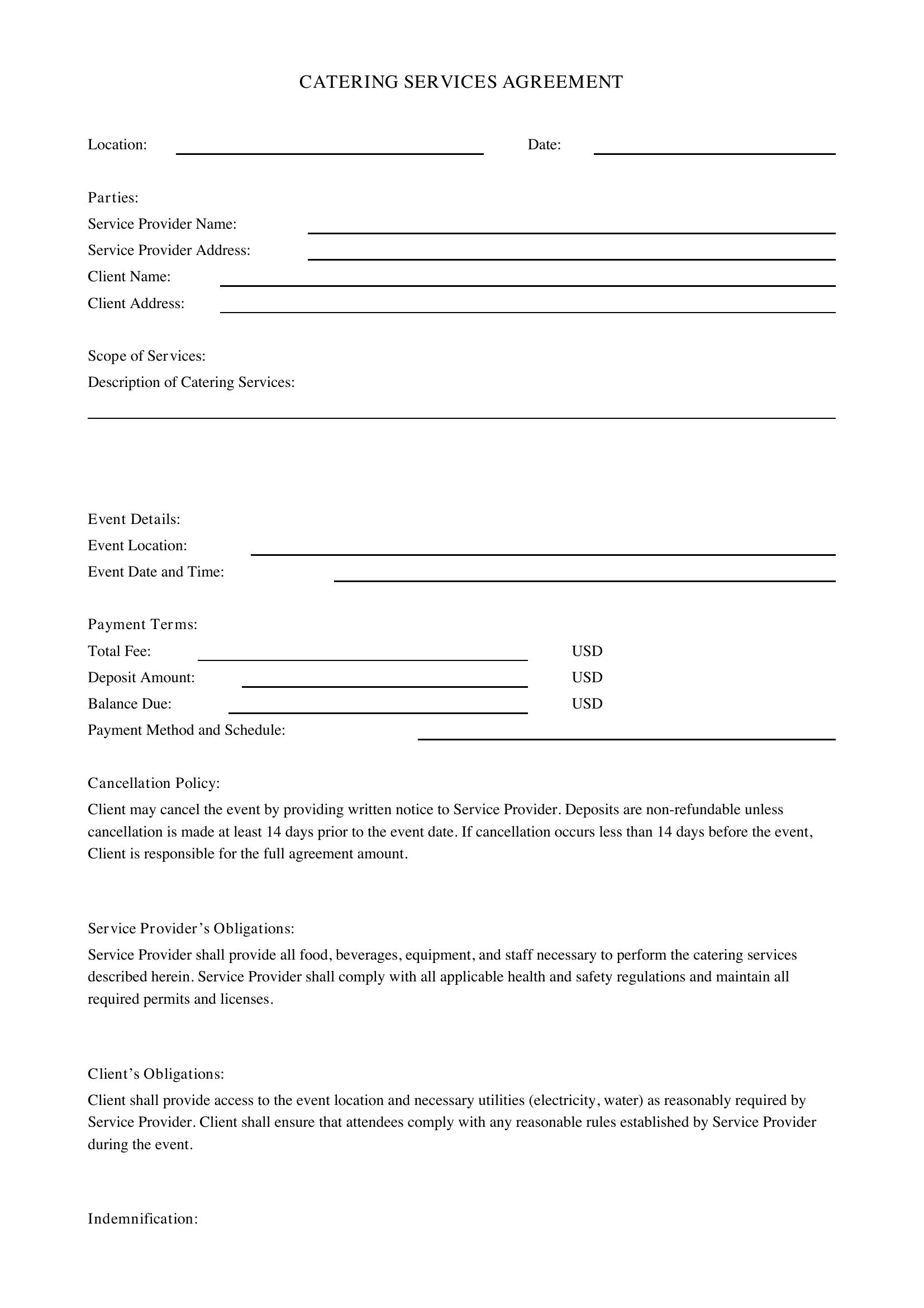 Catering Agreement Template - US