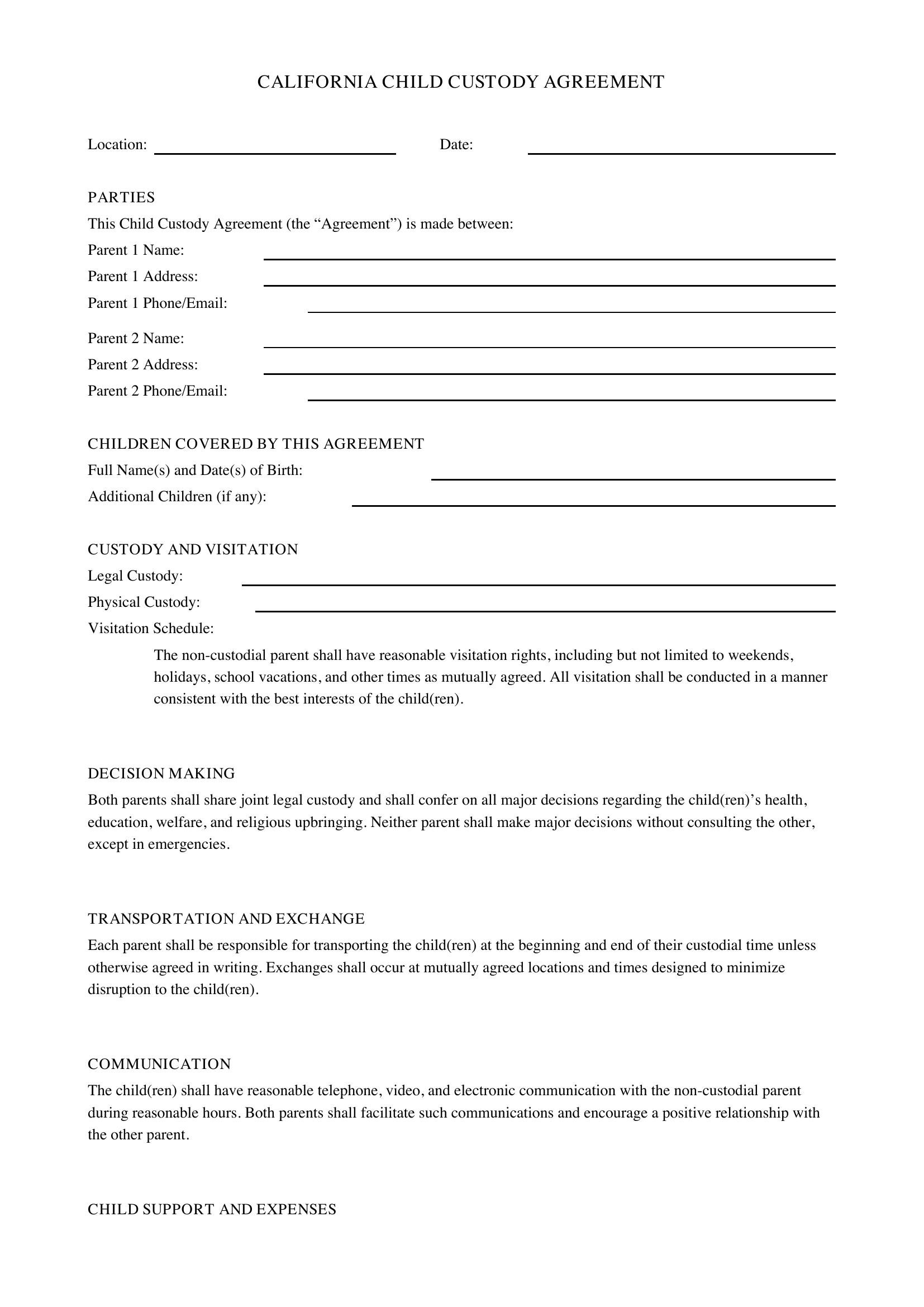 Child Custody Agreement California Template - US