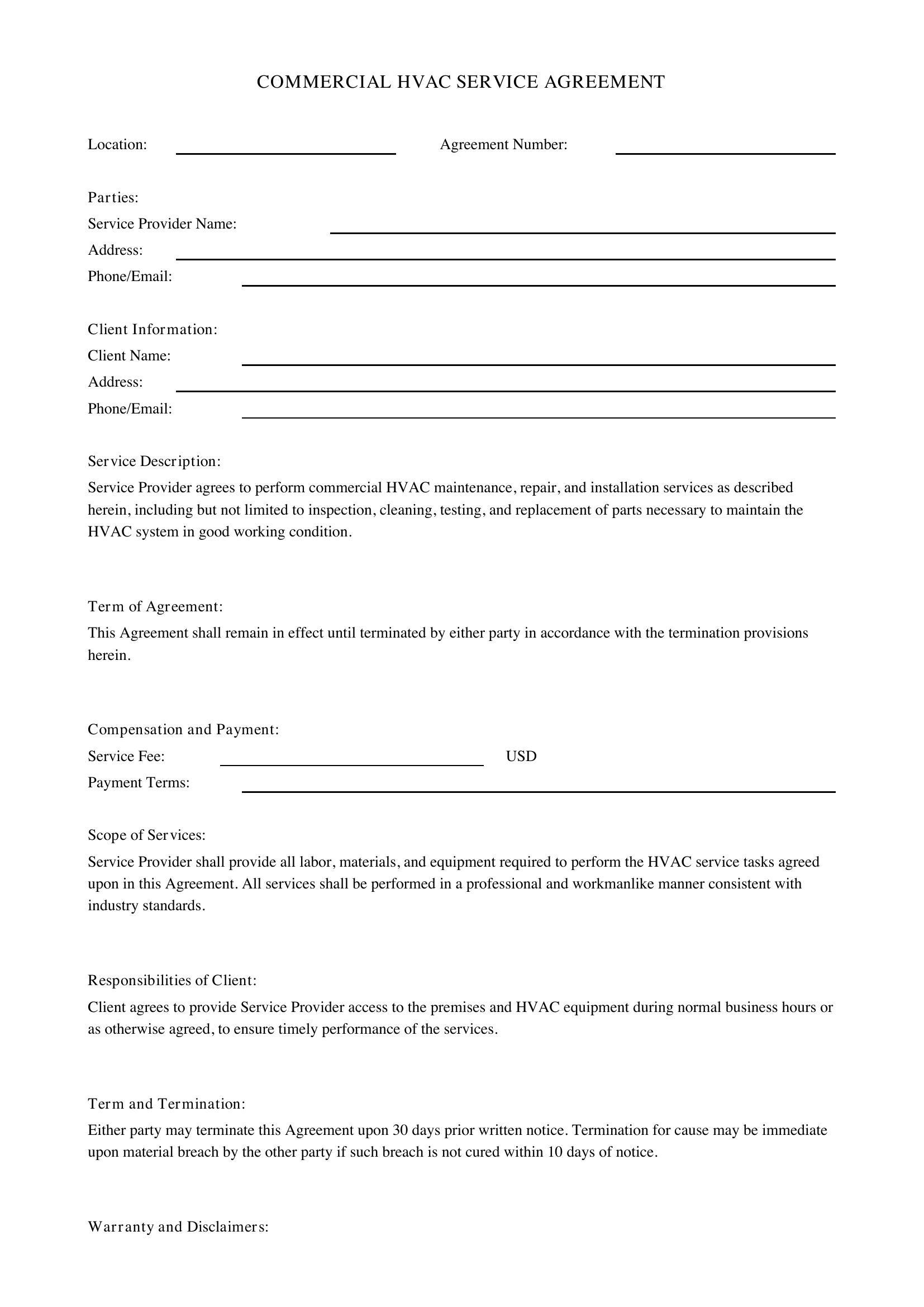 Commercial Hvac Service Agreement Template - US