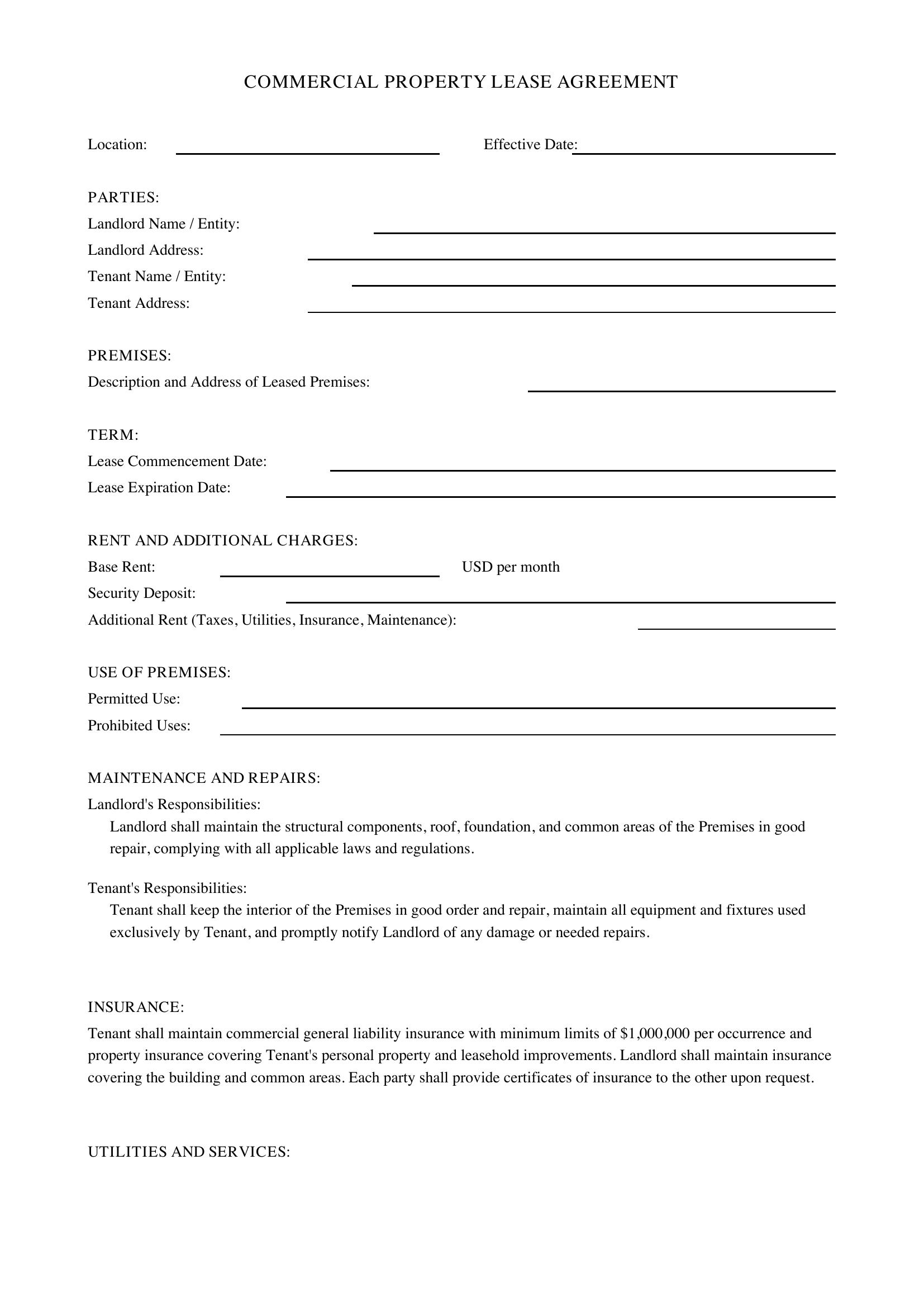 Commercial Property Lease Agreement Template - US