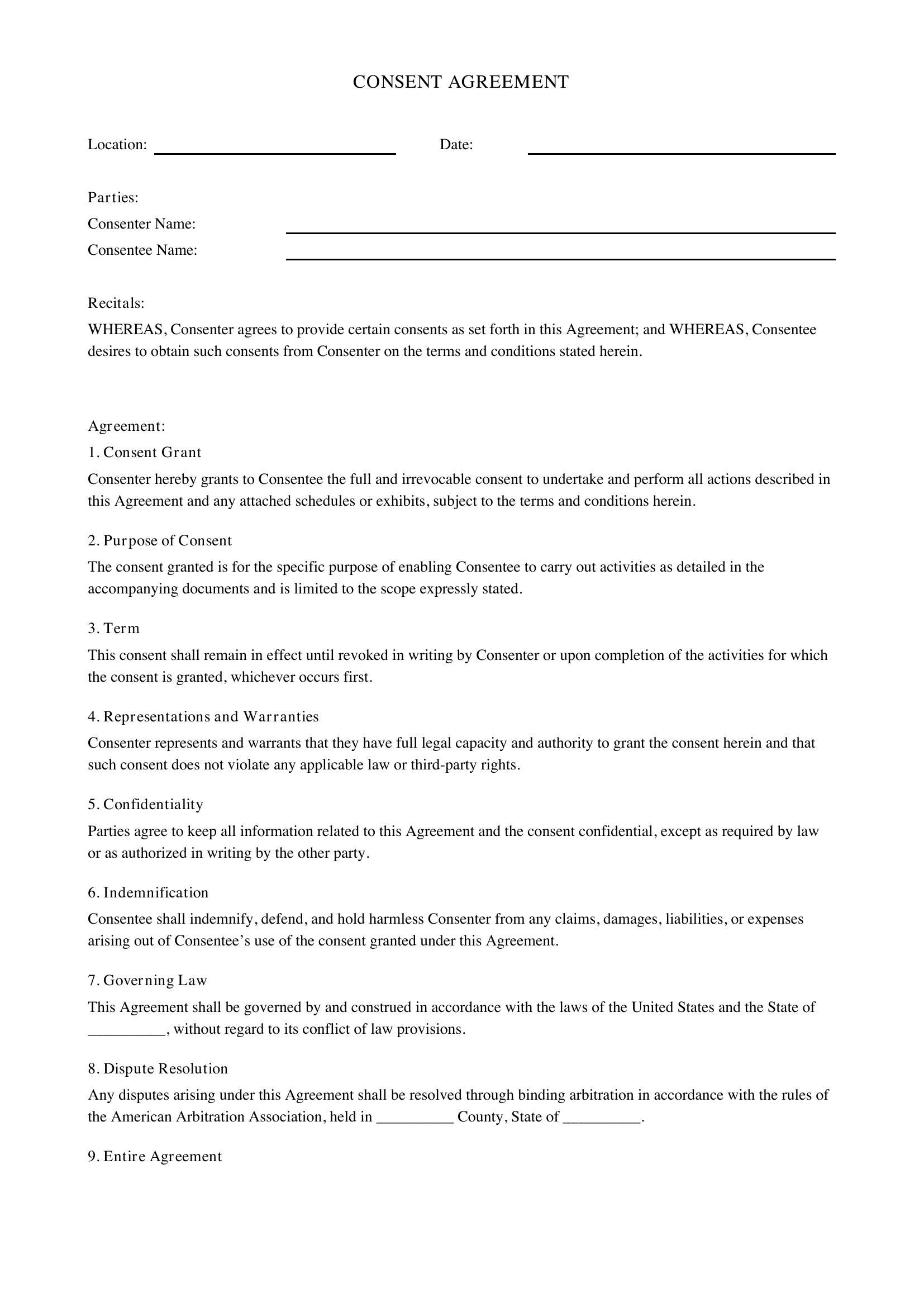 Consent Agreement Template - US