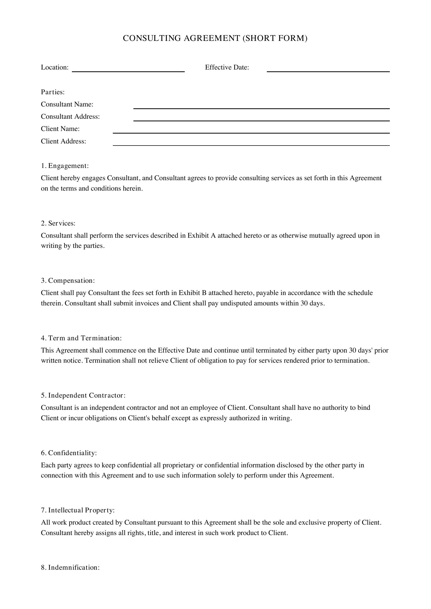 Consulting Agreement Short Template - US