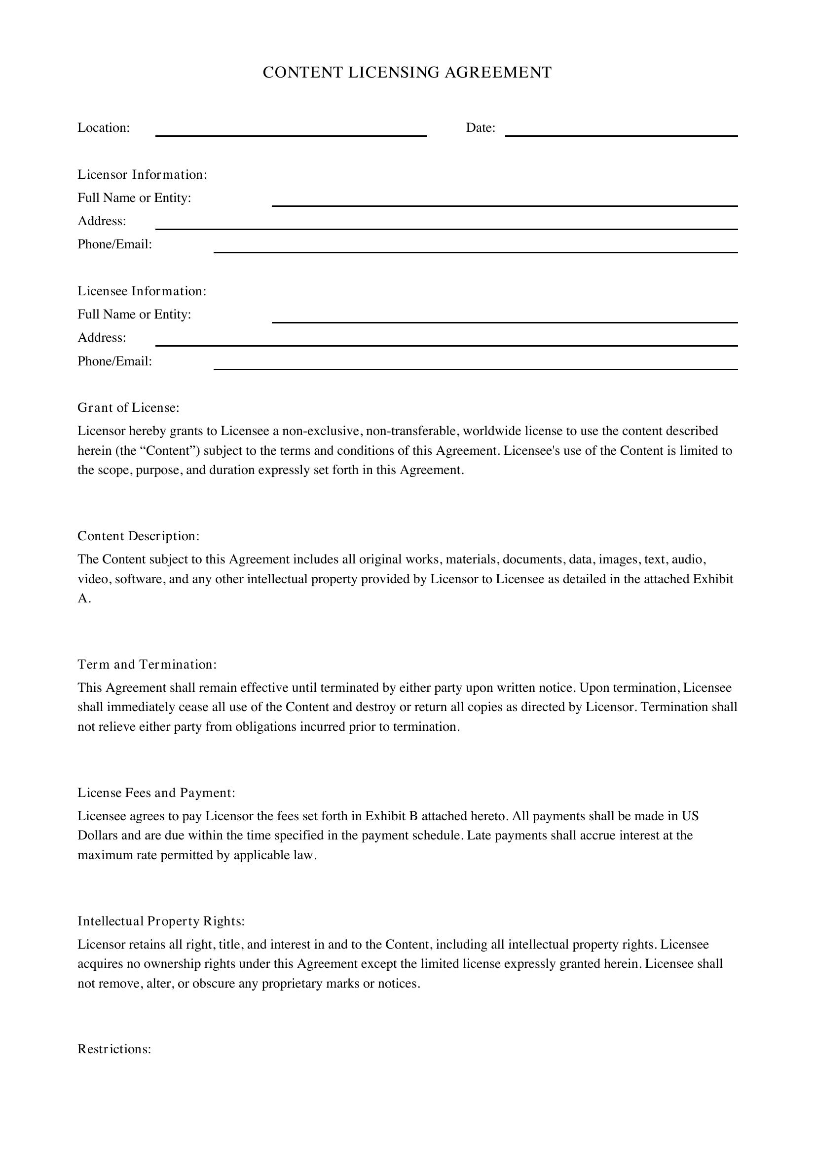Content Licensing Agreement Template - US