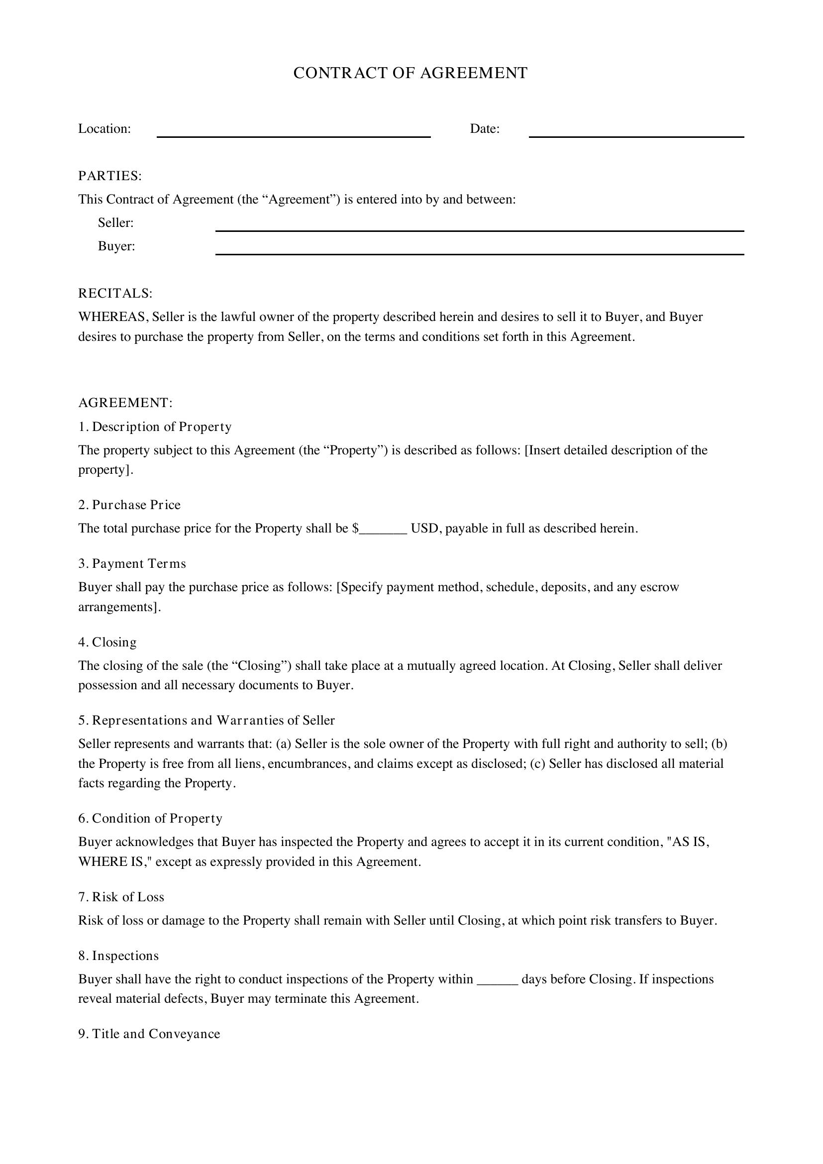 Contract Of Agreement Template - US
