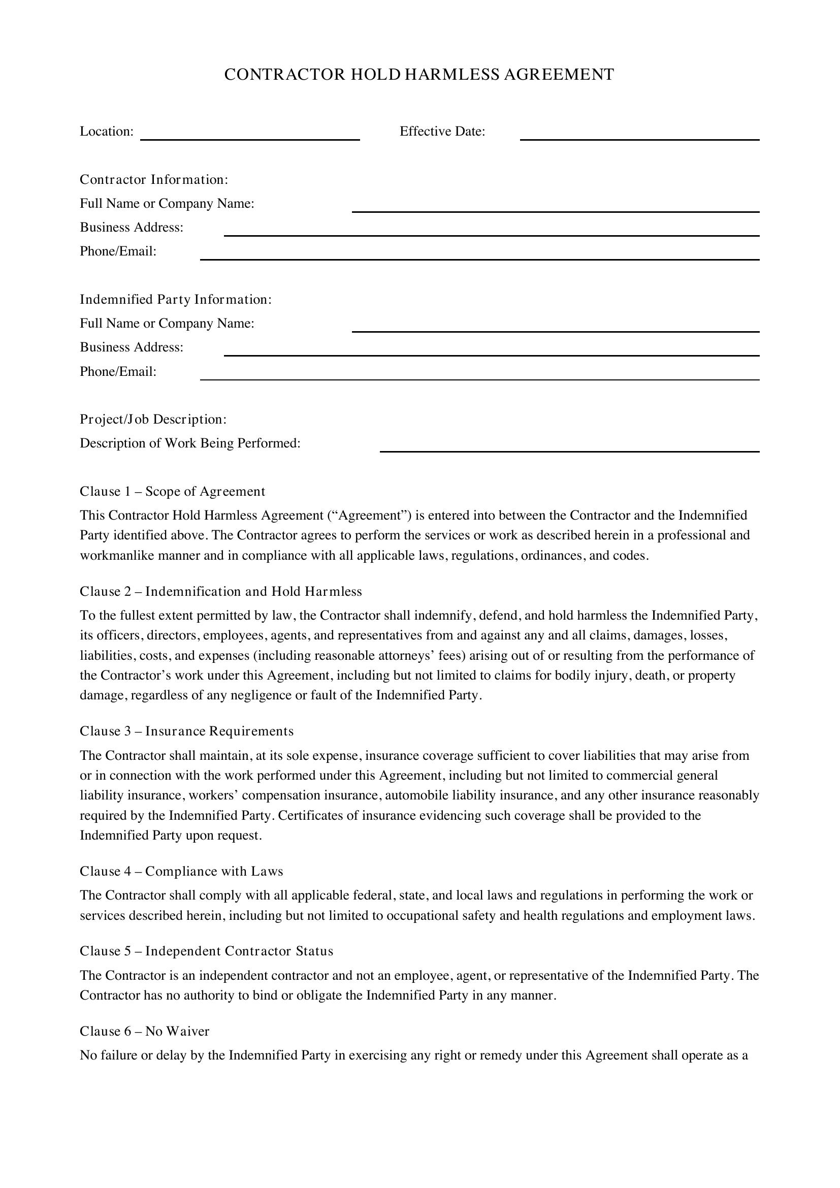 Contractor Hold Harmless Agreement Template - US