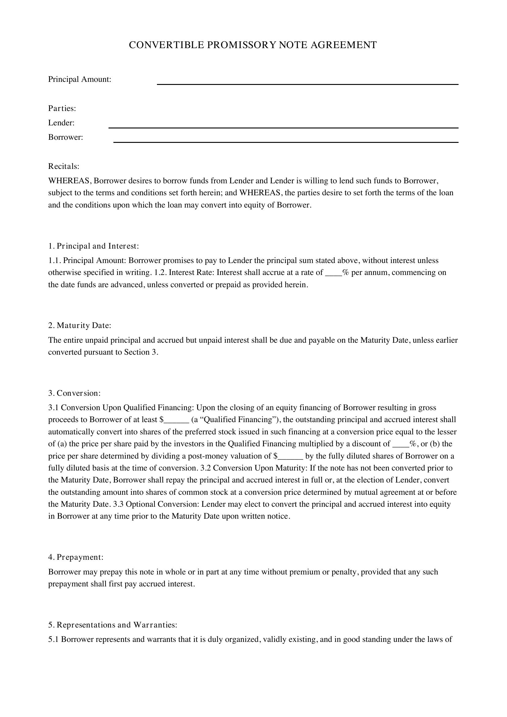 Convertible Note Agreement Template - US