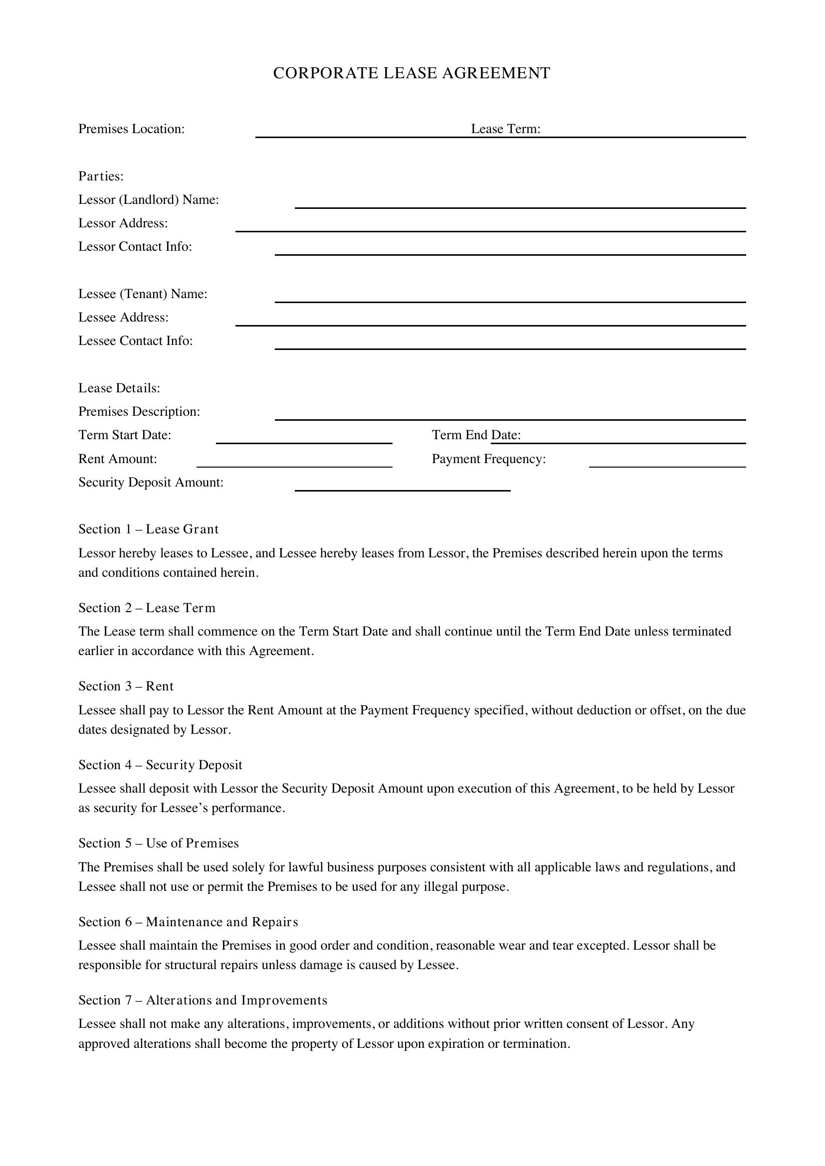 Corporate Lease Agreement Template - US
