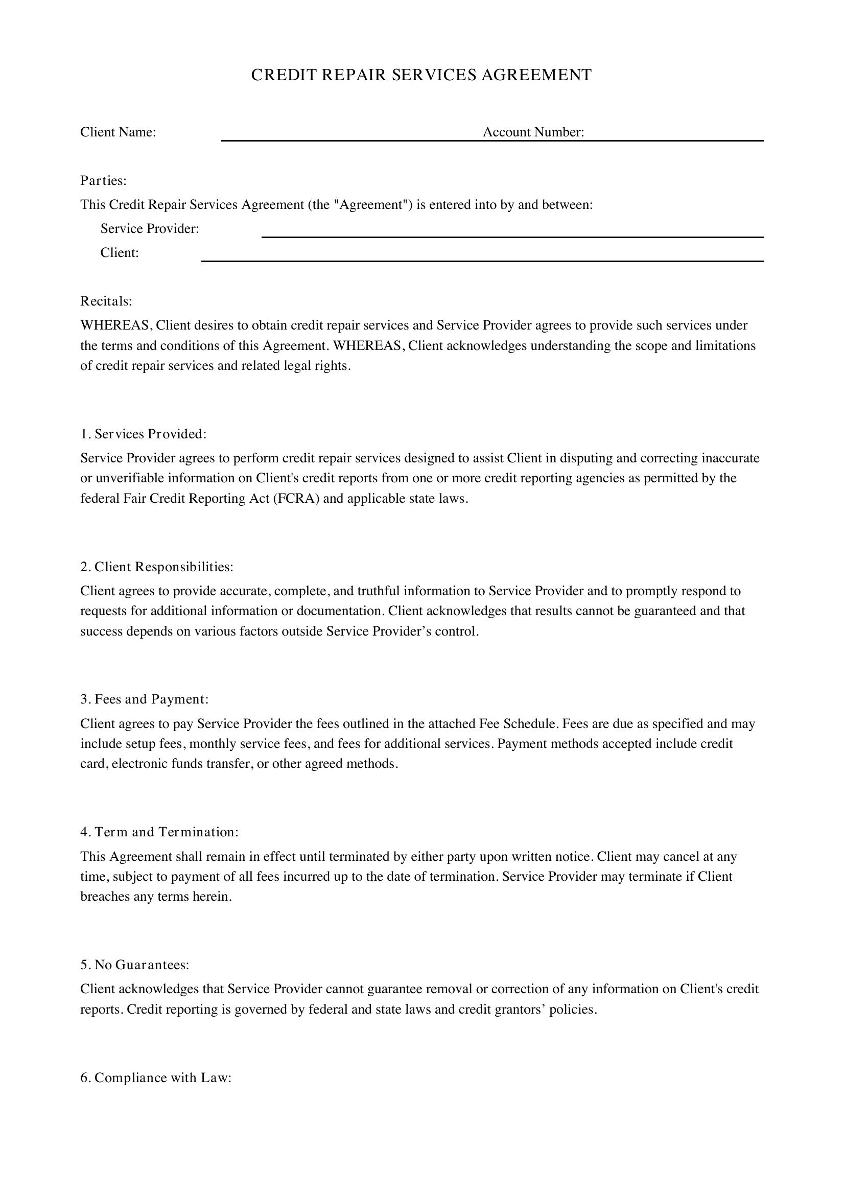 Credit Repair Agreement Template - US