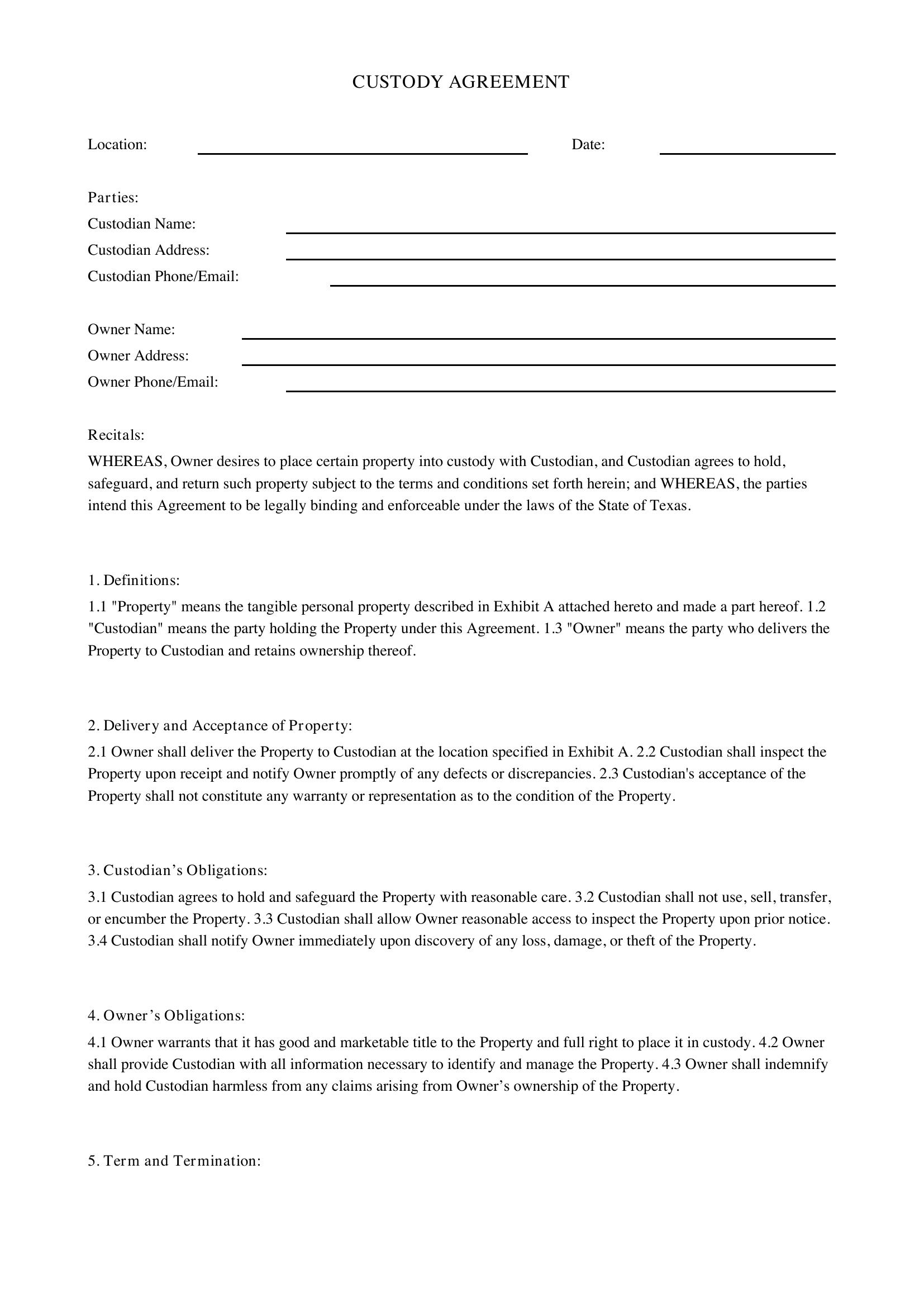 Custody Agreement Texas Template - US