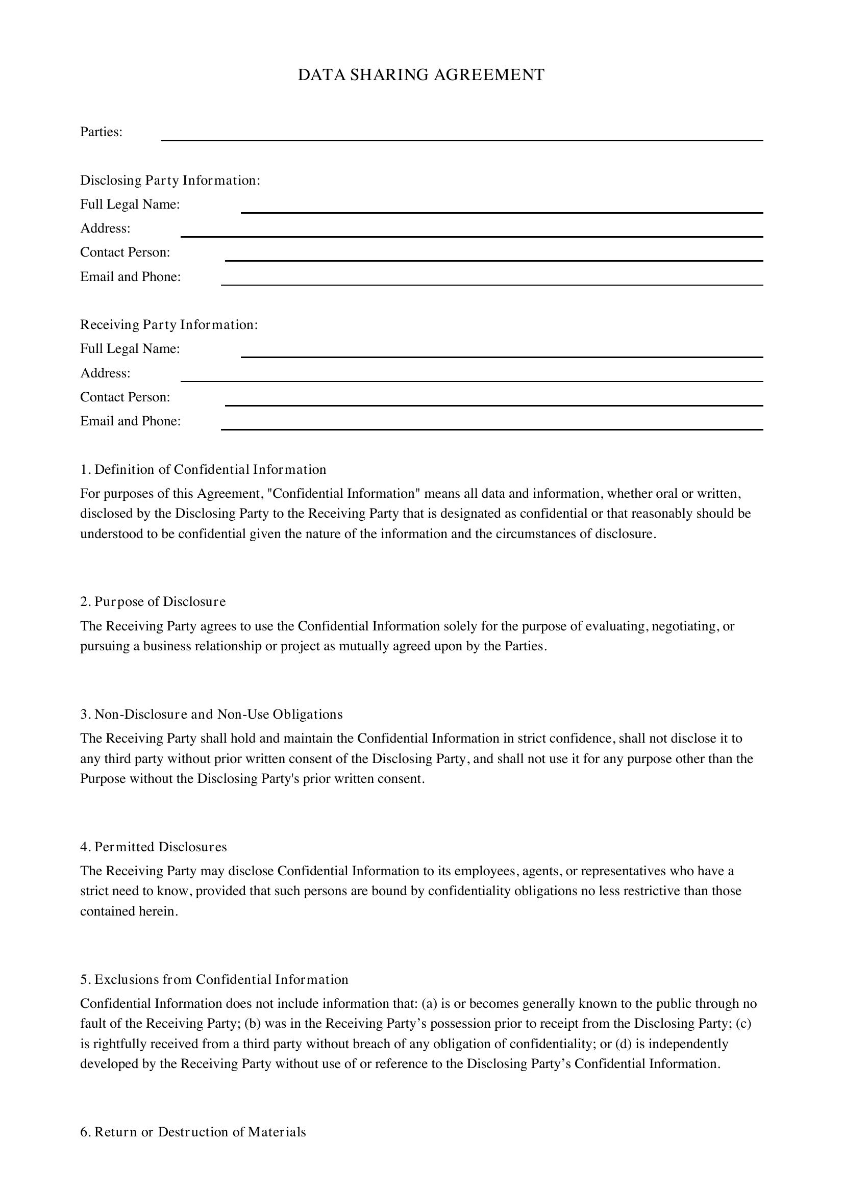 Data Sharing Agreement Template - US
