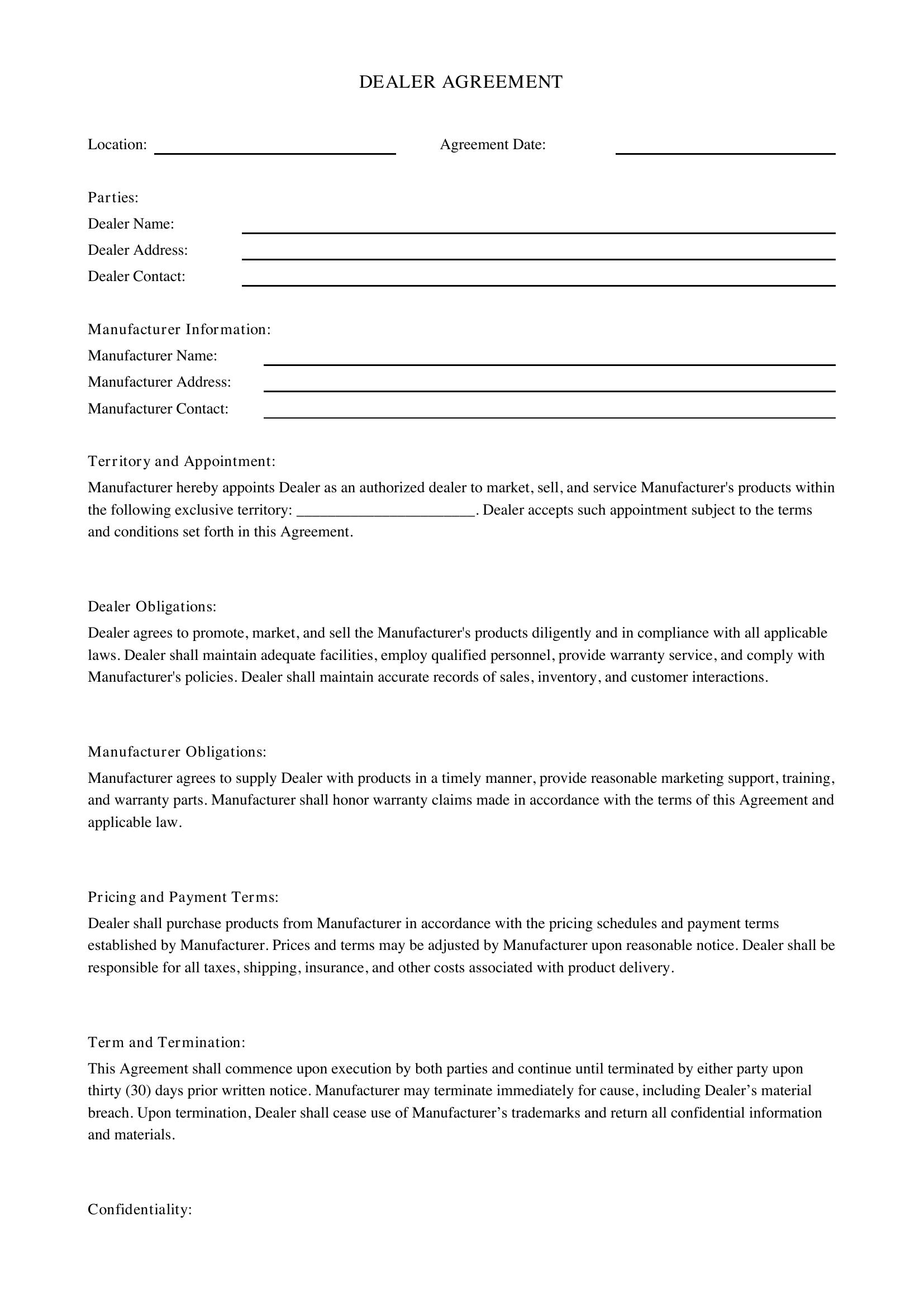 Dealer Agreement Template - US