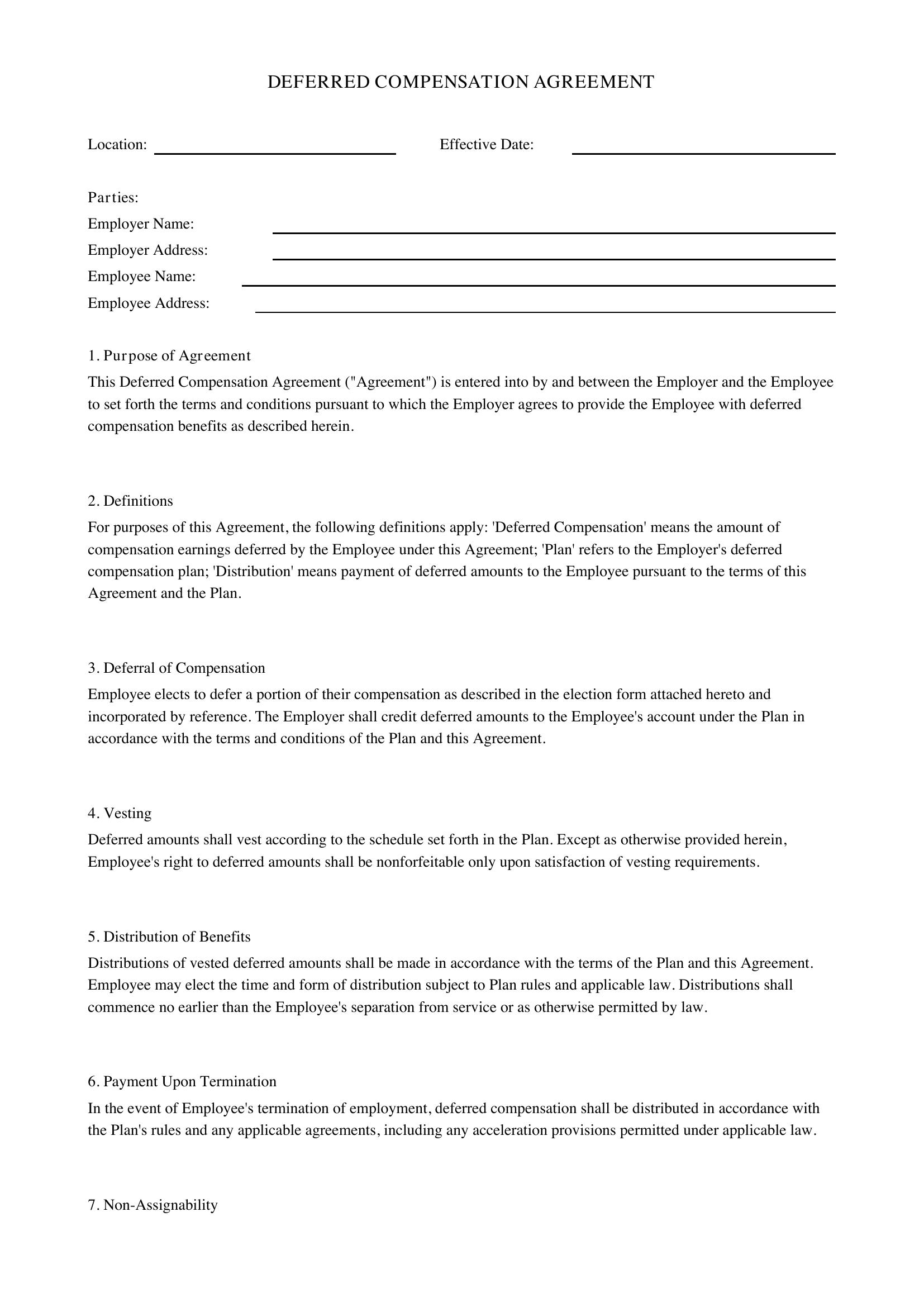 Deferred Compensation Agreement Template - US