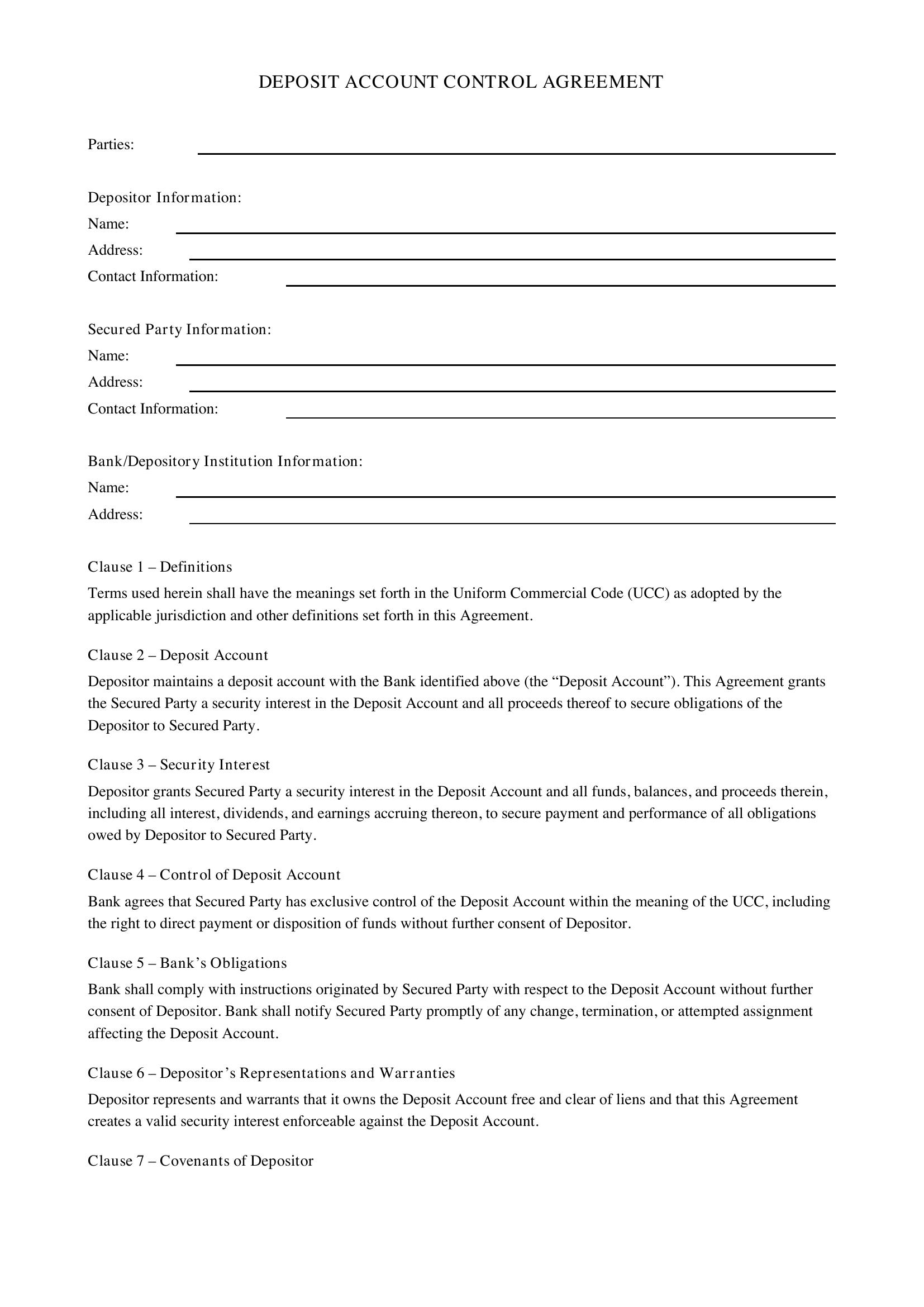 Deposit Account Control Agreement Template - US