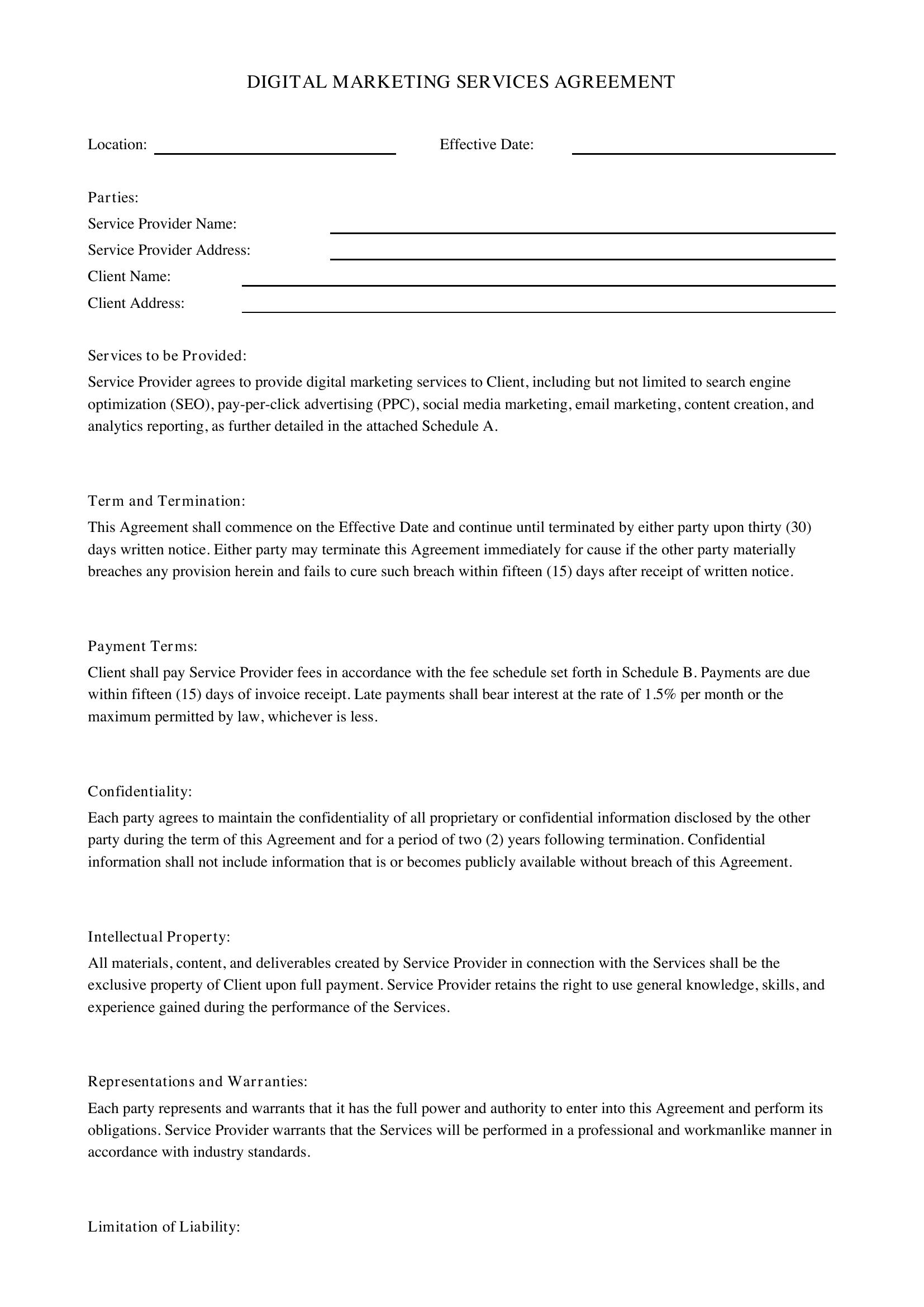 Digital Marketing Agreement Template - US