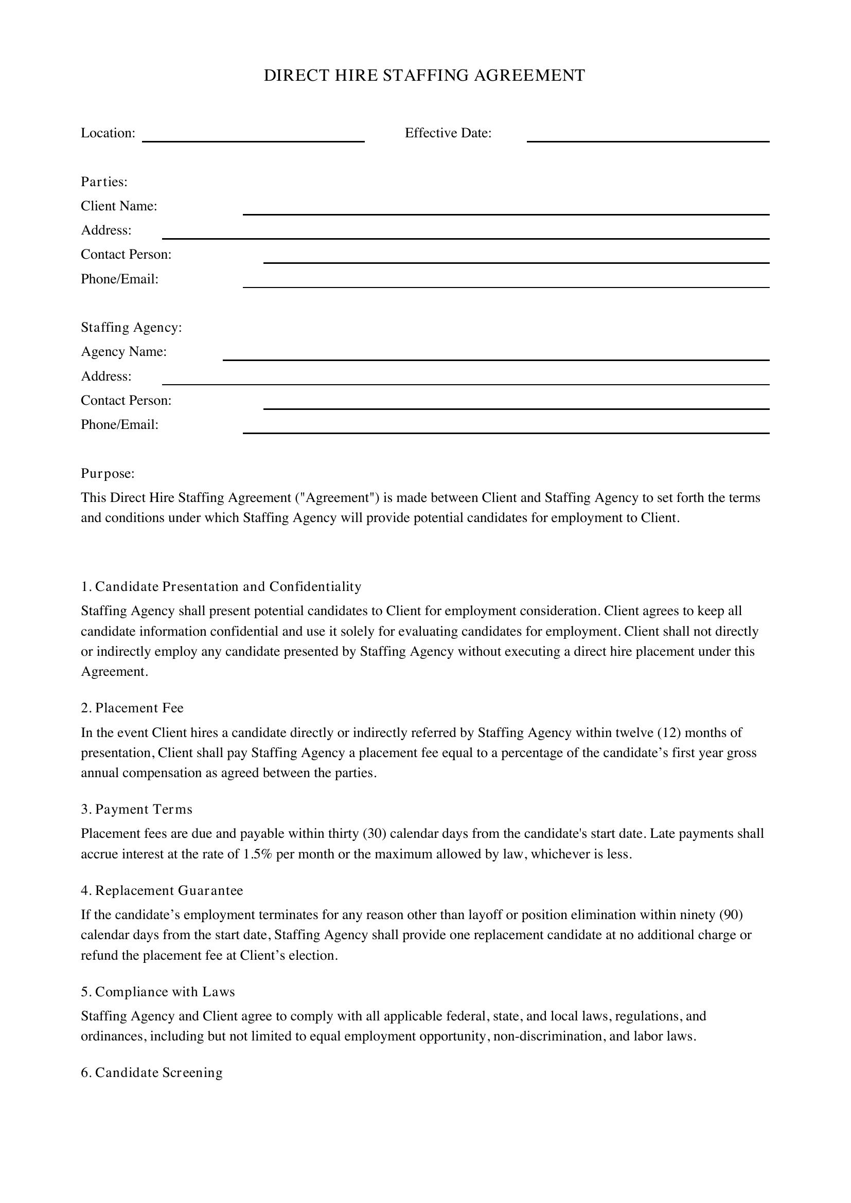 Direct Hire Staffing Agreement Template - US