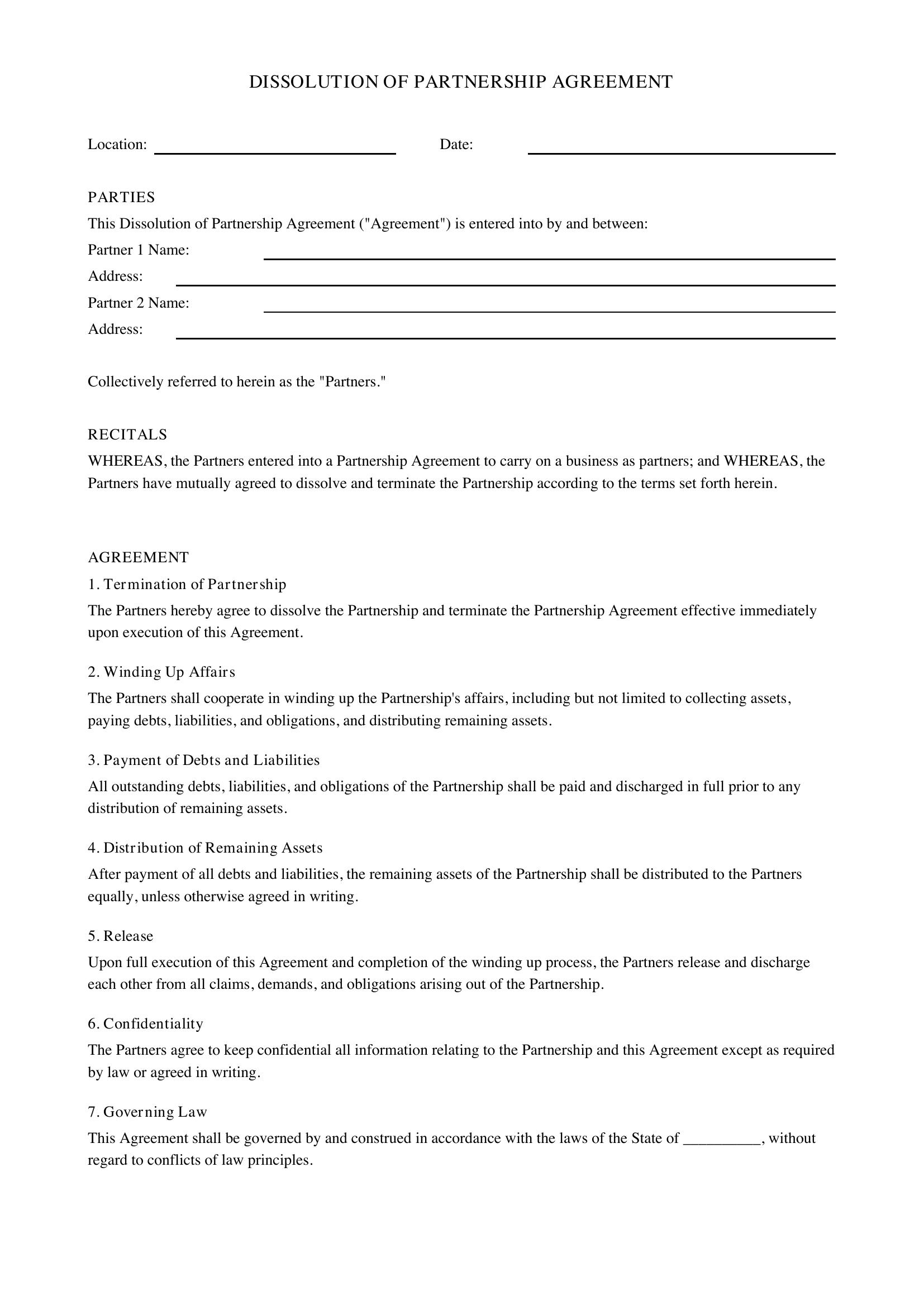Dissolution Of Partnership Agreement Template - US