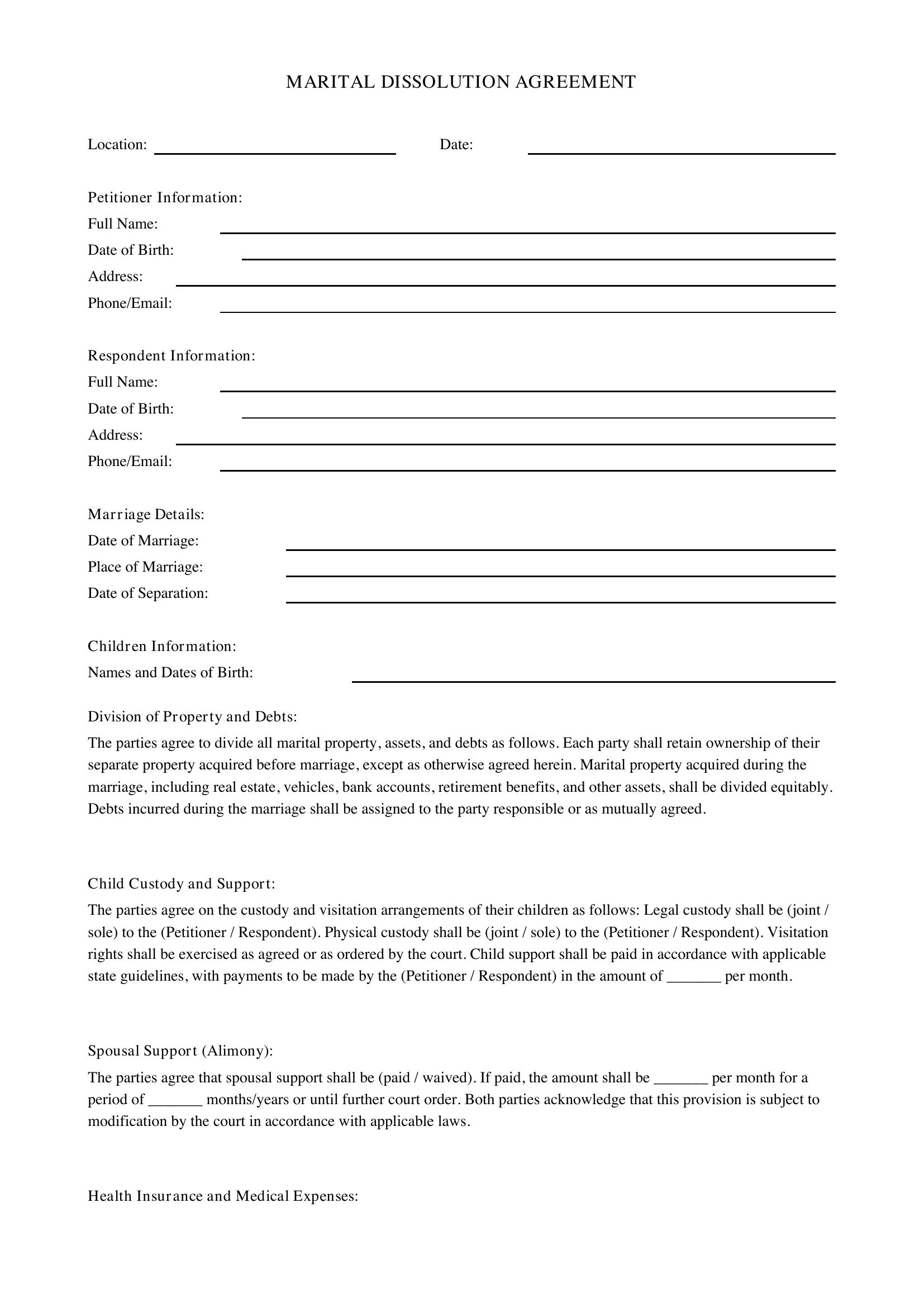 Divorce Agreement Template - US