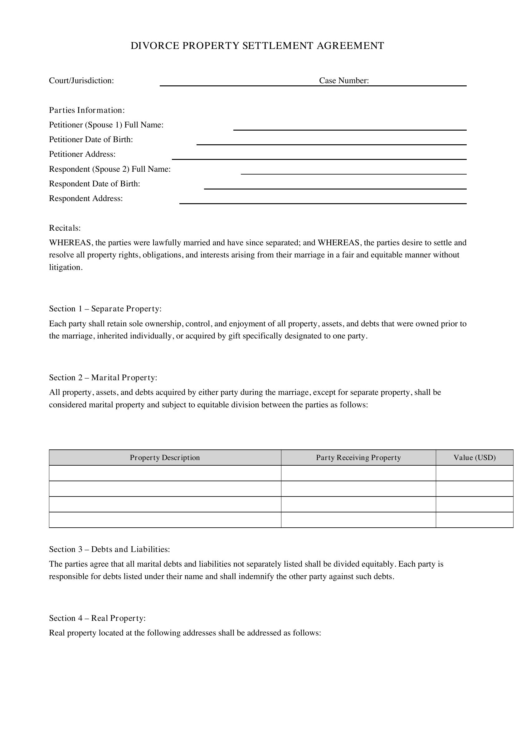 Divorce Property Settlement Agreement Template - US