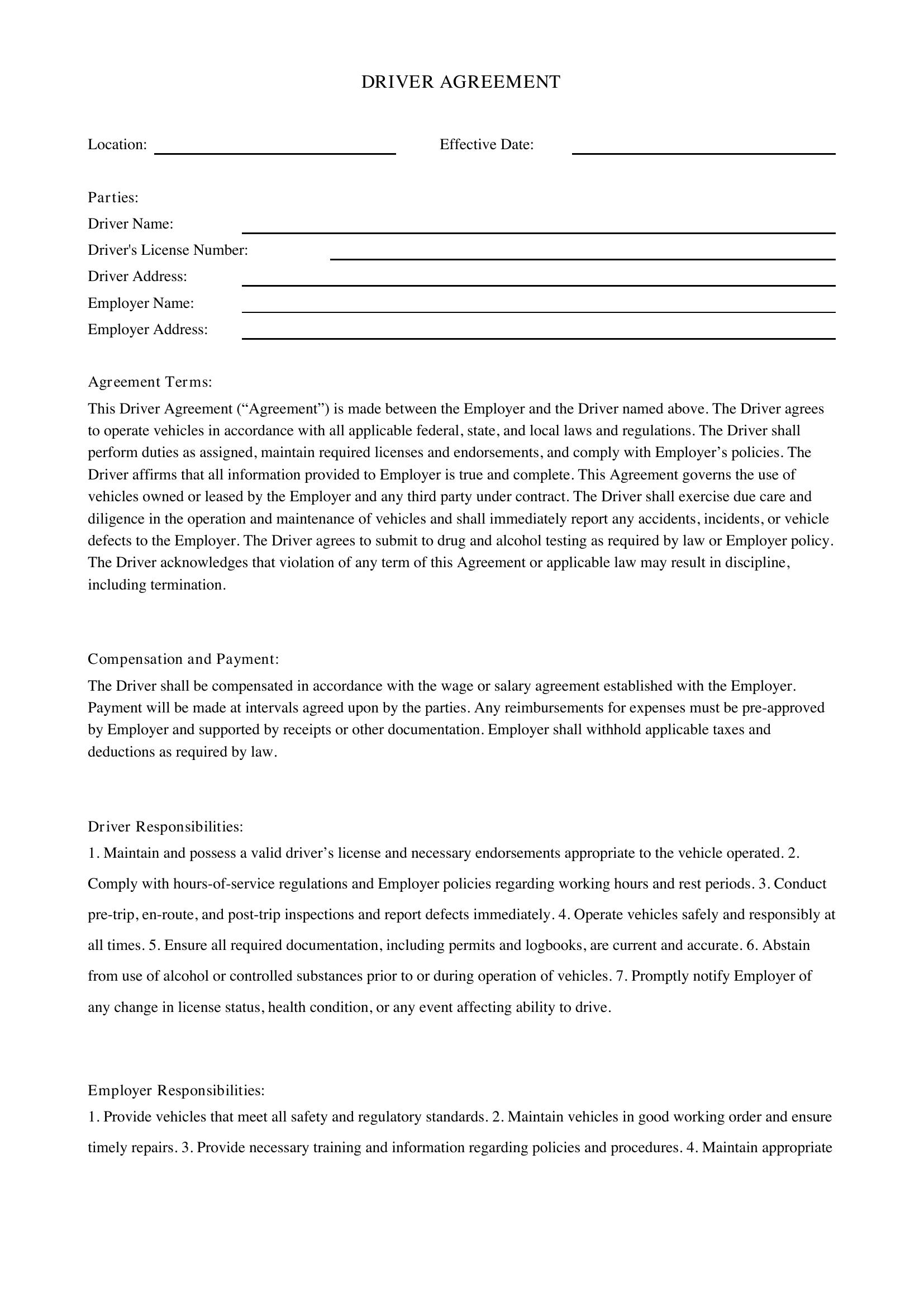 Driver Agreement Template - US