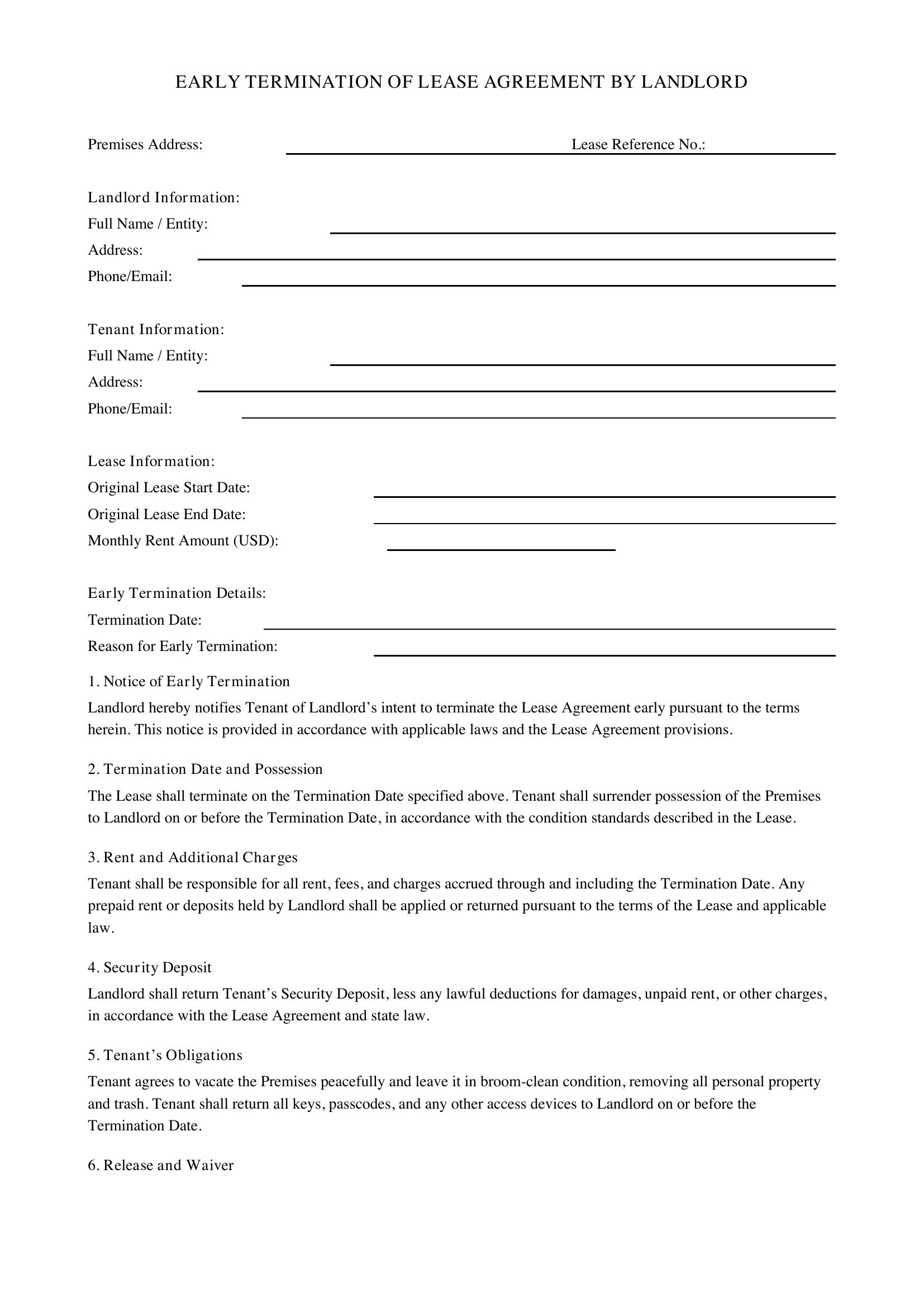 Early Termination Of Lease Agreement By Landlord Template - US