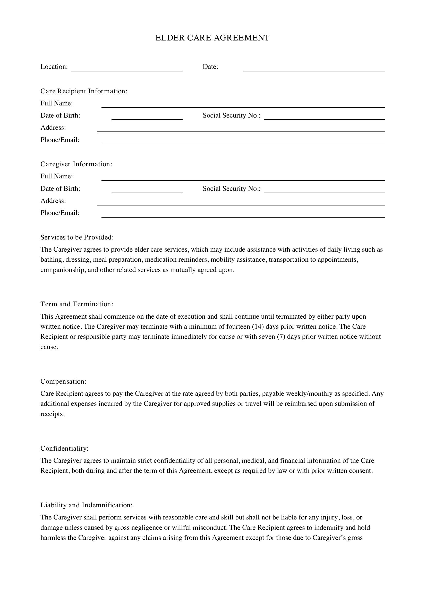 Elder Care Agreement Template - US