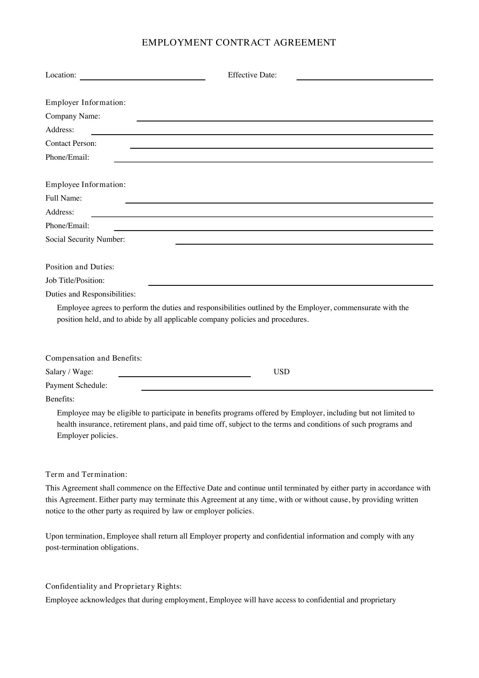 Employee Contract Agreement Template - US