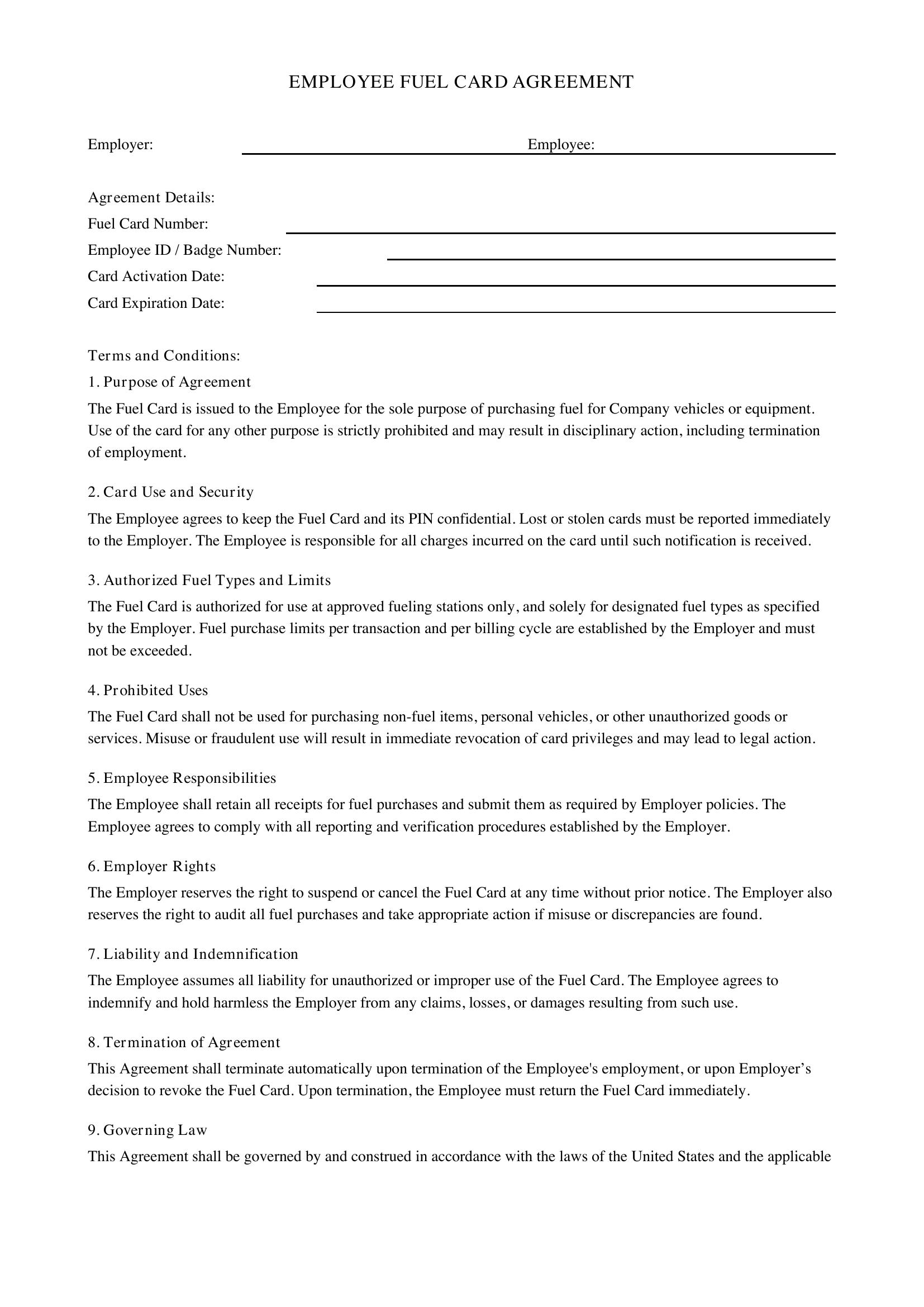 Employee Fuel Card Agreement Template - US