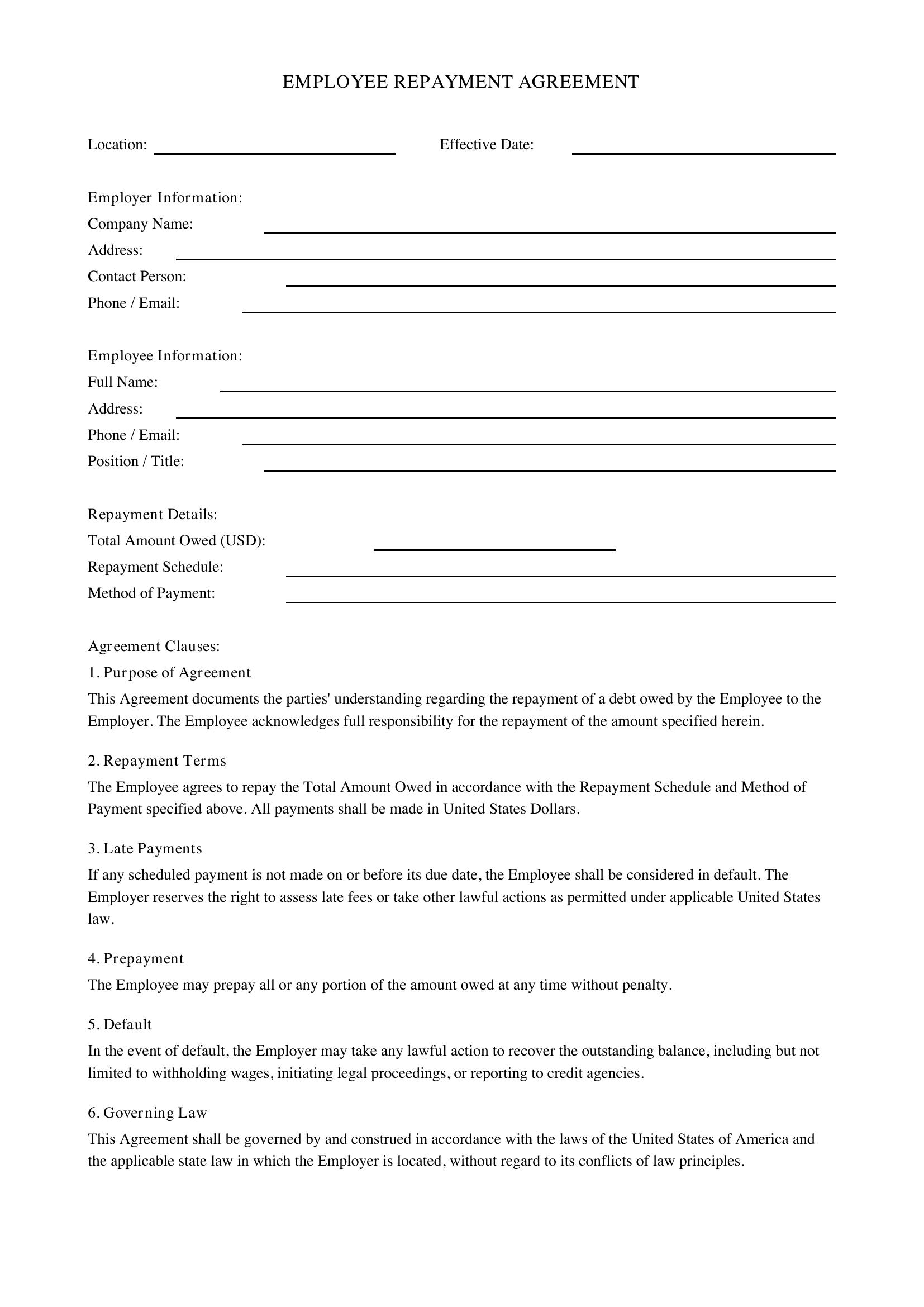 Employee Repayment Agreement Template - US