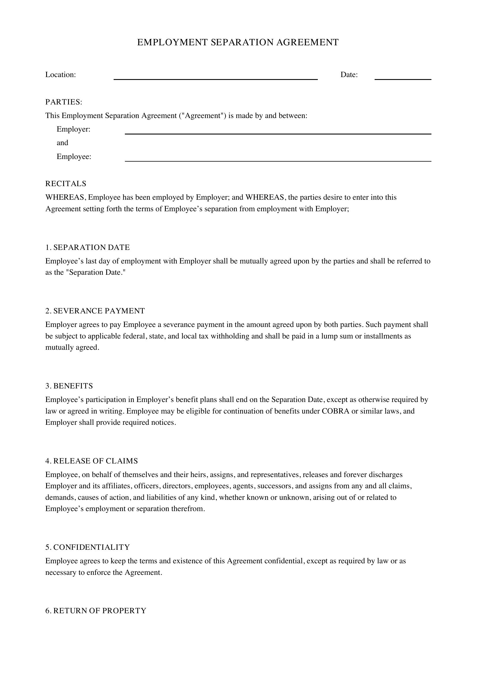 Employment Separation Agreement Template - US