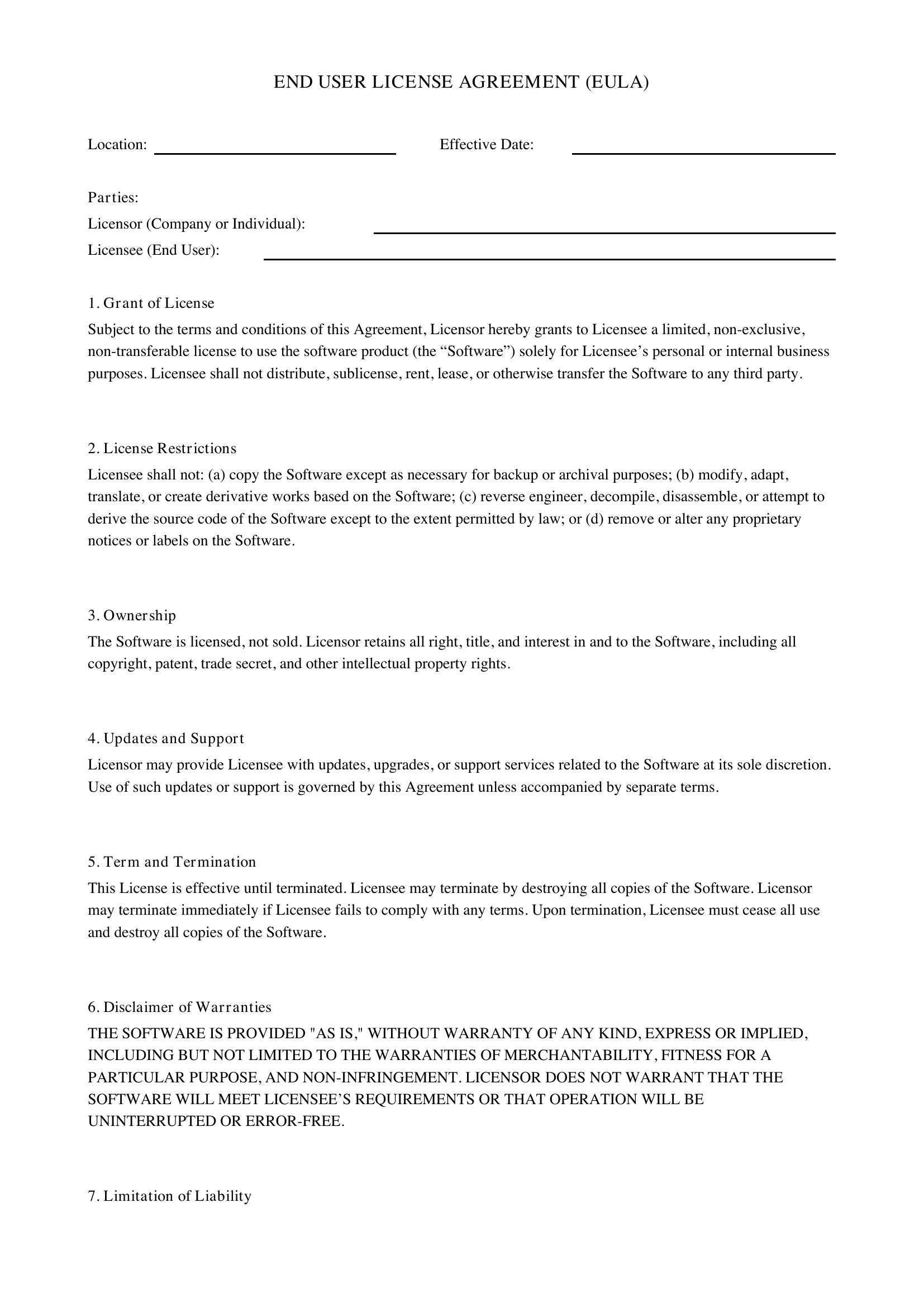 End User License Agreement Template - US