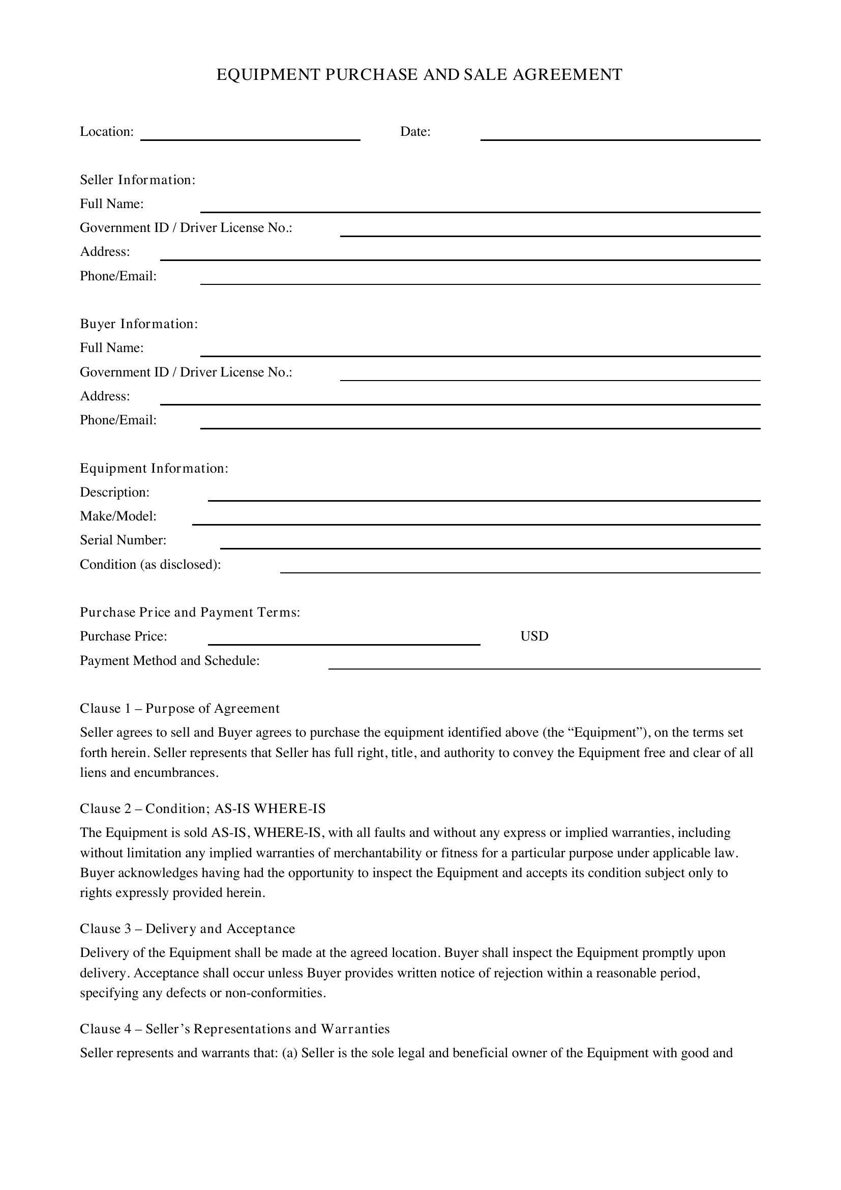 Equipment Agreement Template - US