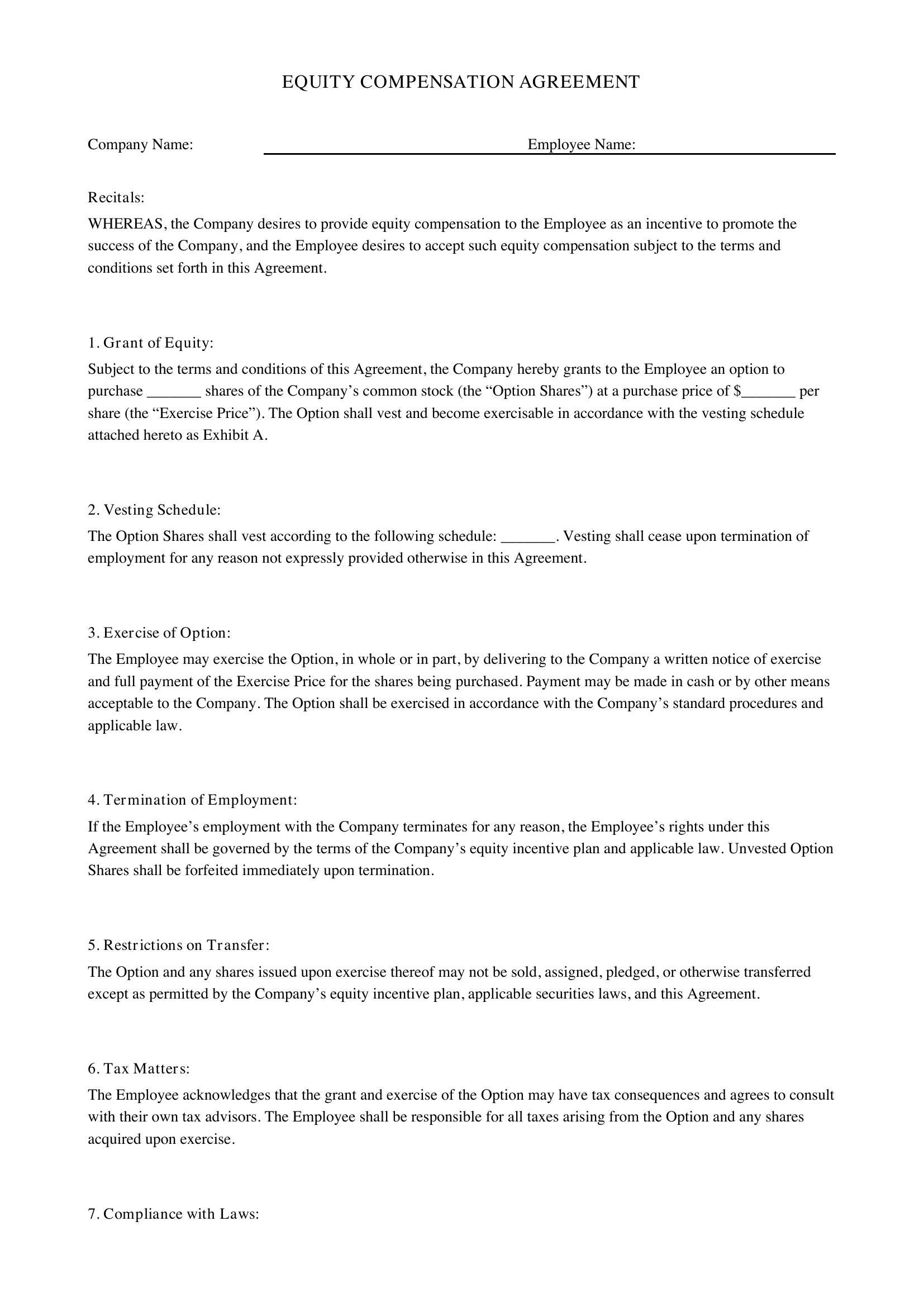 Equity Compensation Agreement Template - US
